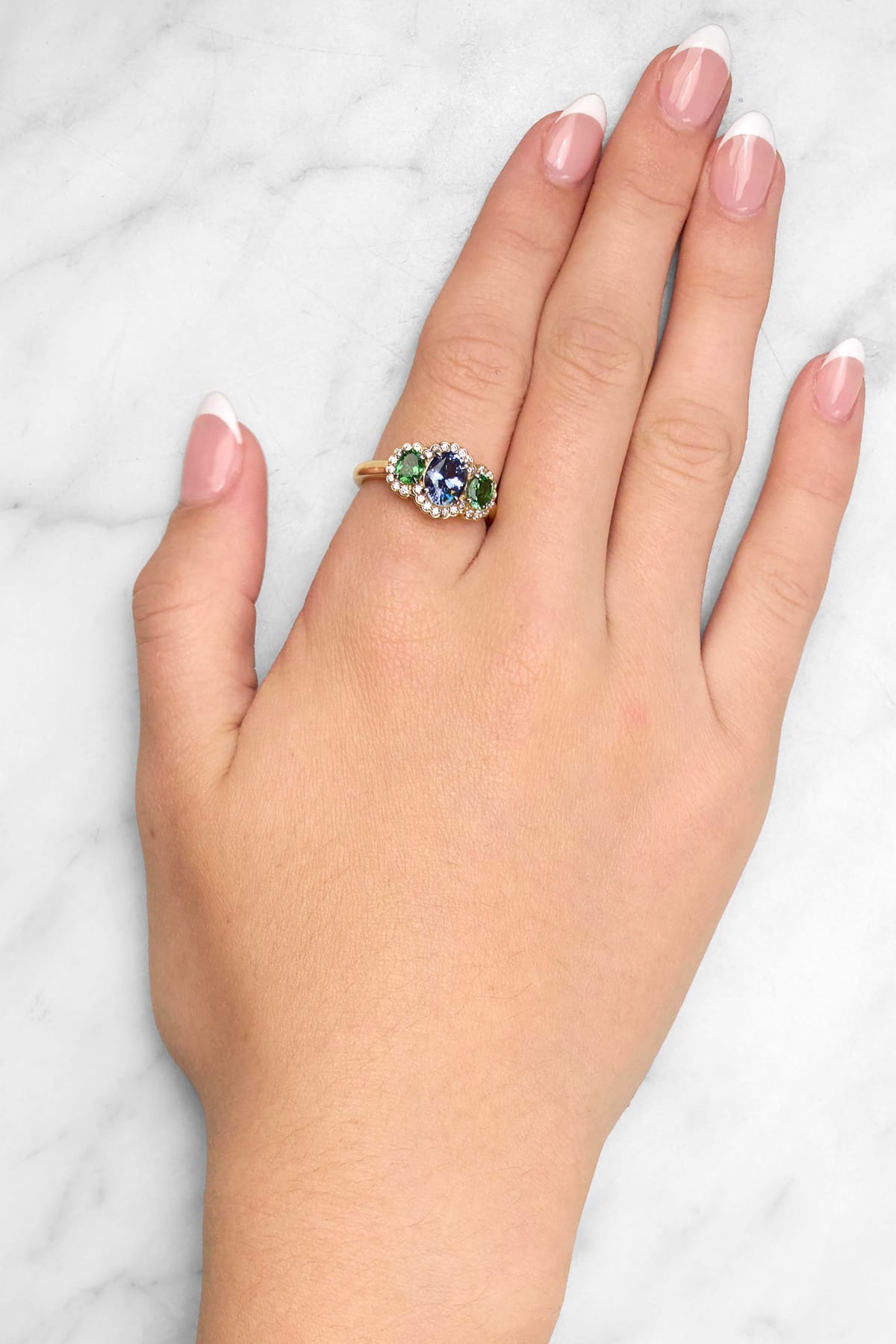 Sapphire, Tsavorite And Diamond Ring Set In 18ct Gold available from LeGassick Fine Jewellery, Gold Coast, Australia.