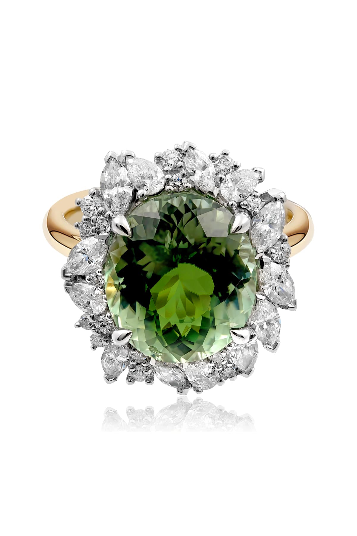 Oval Green Tourmaline And Diamond Ring Set In Yellow Gold available from LeGassick Fine Jewellery.