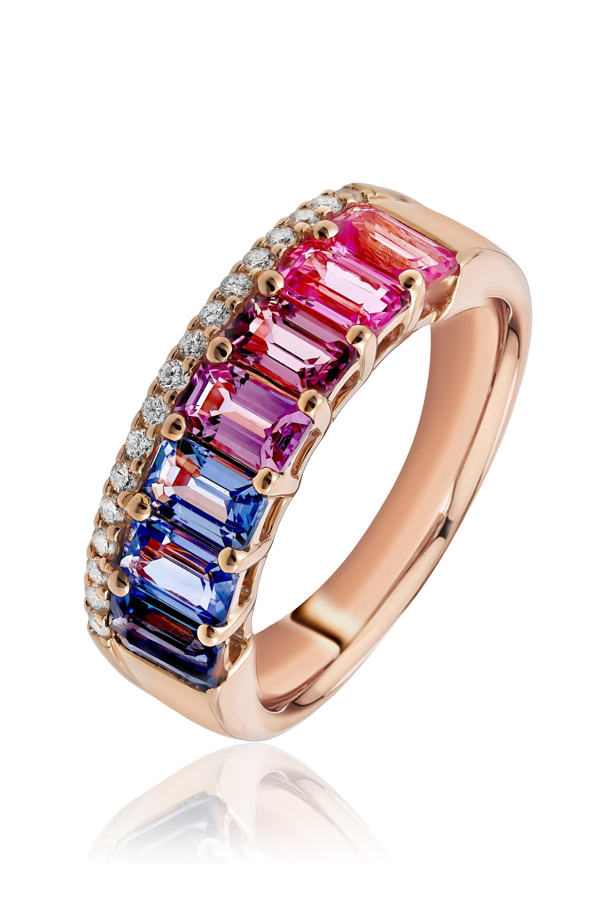 Multicolour Sapphire And Diamond Ring Set In Rose Gold available from LeGassick Fine Jewellery.