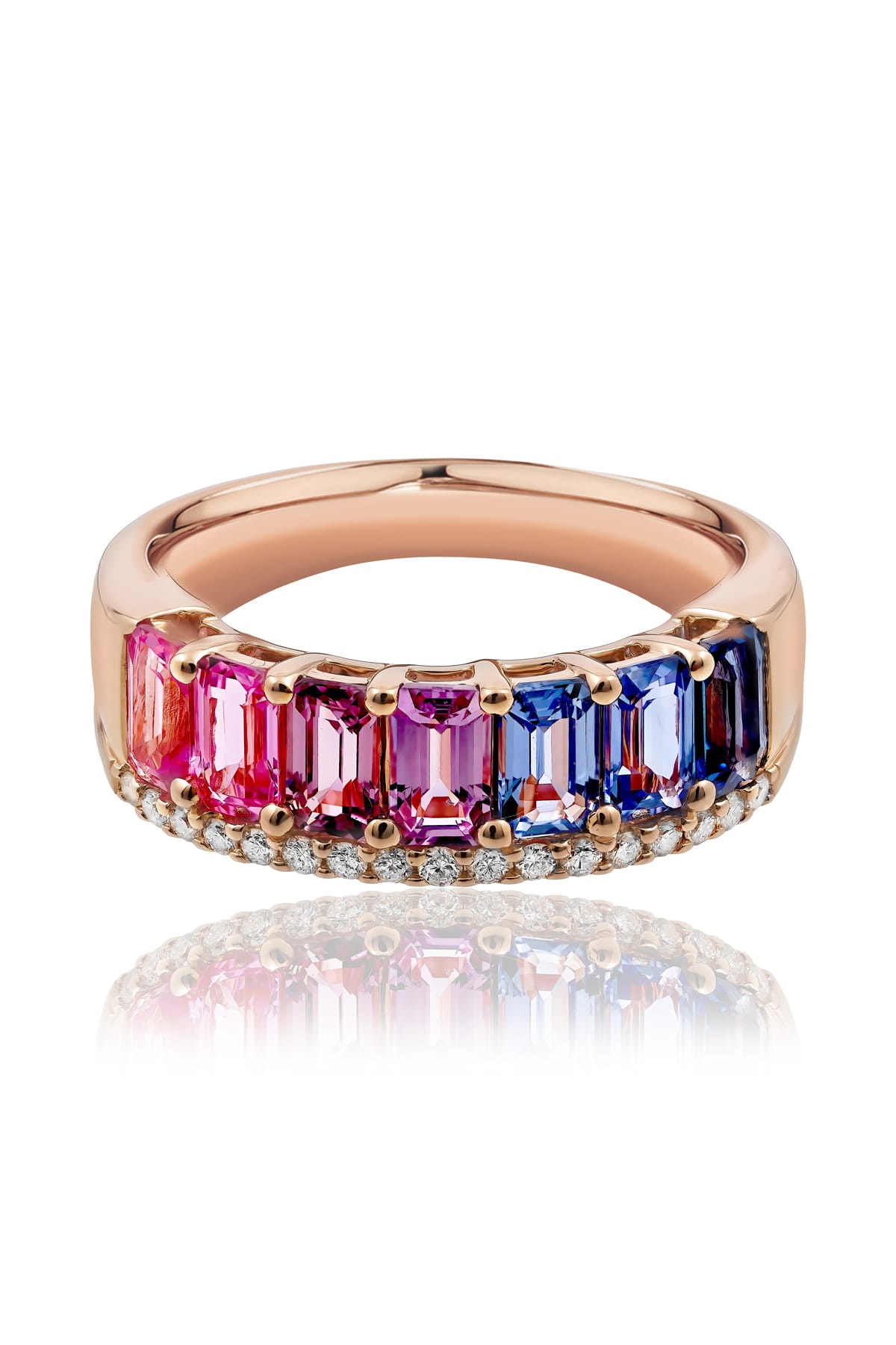 Multicolour Sapphire And Diamond Ring Set In Rose Gold available from LeGassick Fine Jewellery.