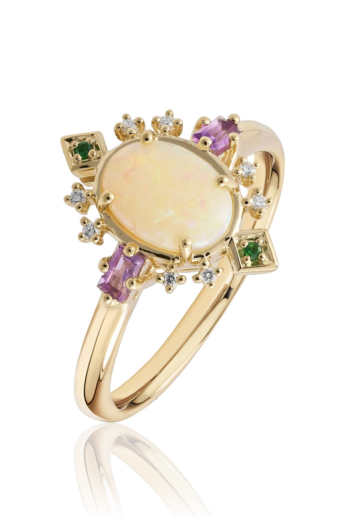 Opal, Amethyst, Tsavorite & Diamond Dress Ring in 9ct Yellow Gold from LeGassick.