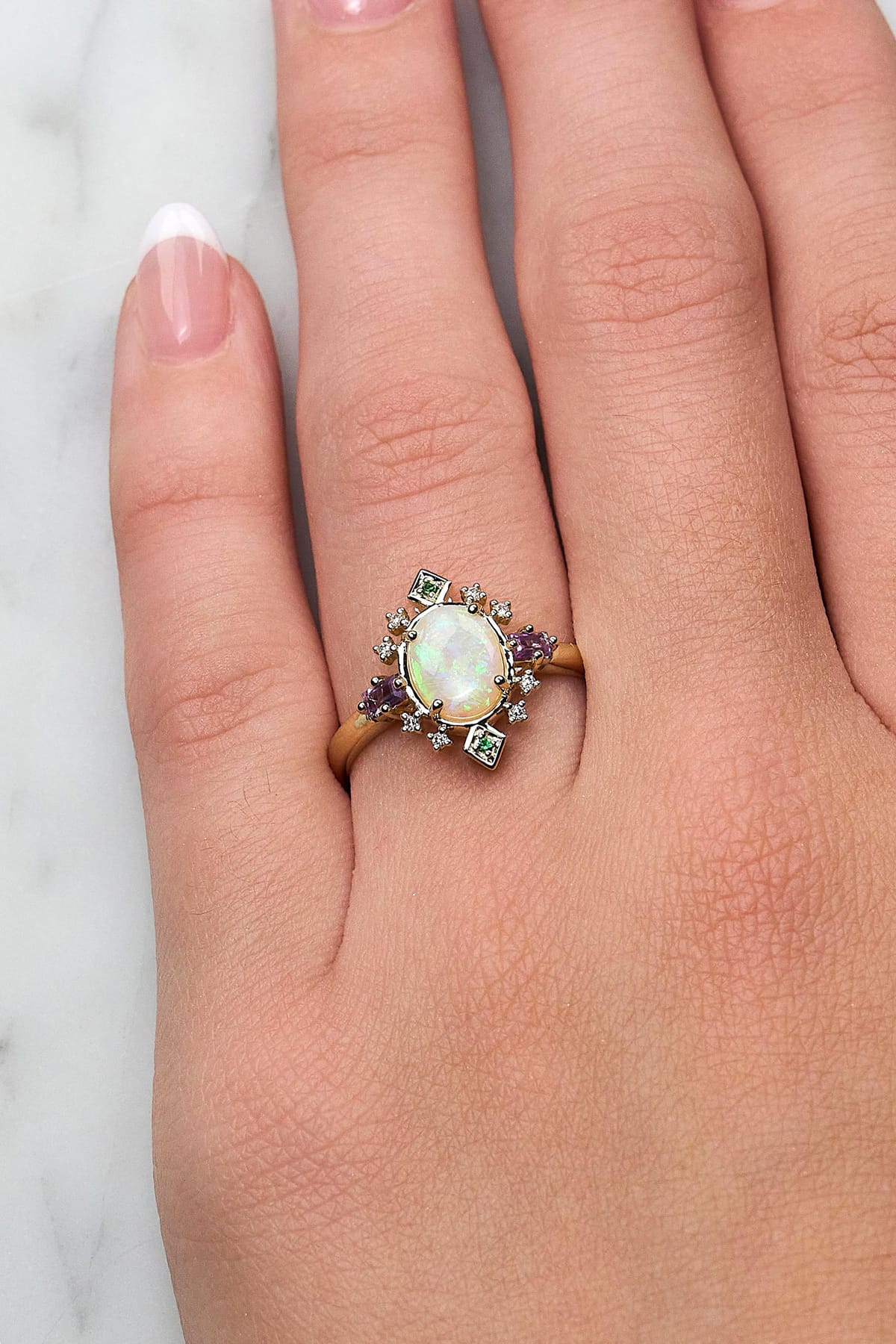 Opal, Amethyst, Tsavorite & Diamond Dress Ring in 9ct Yellow Gold from LeGassick.