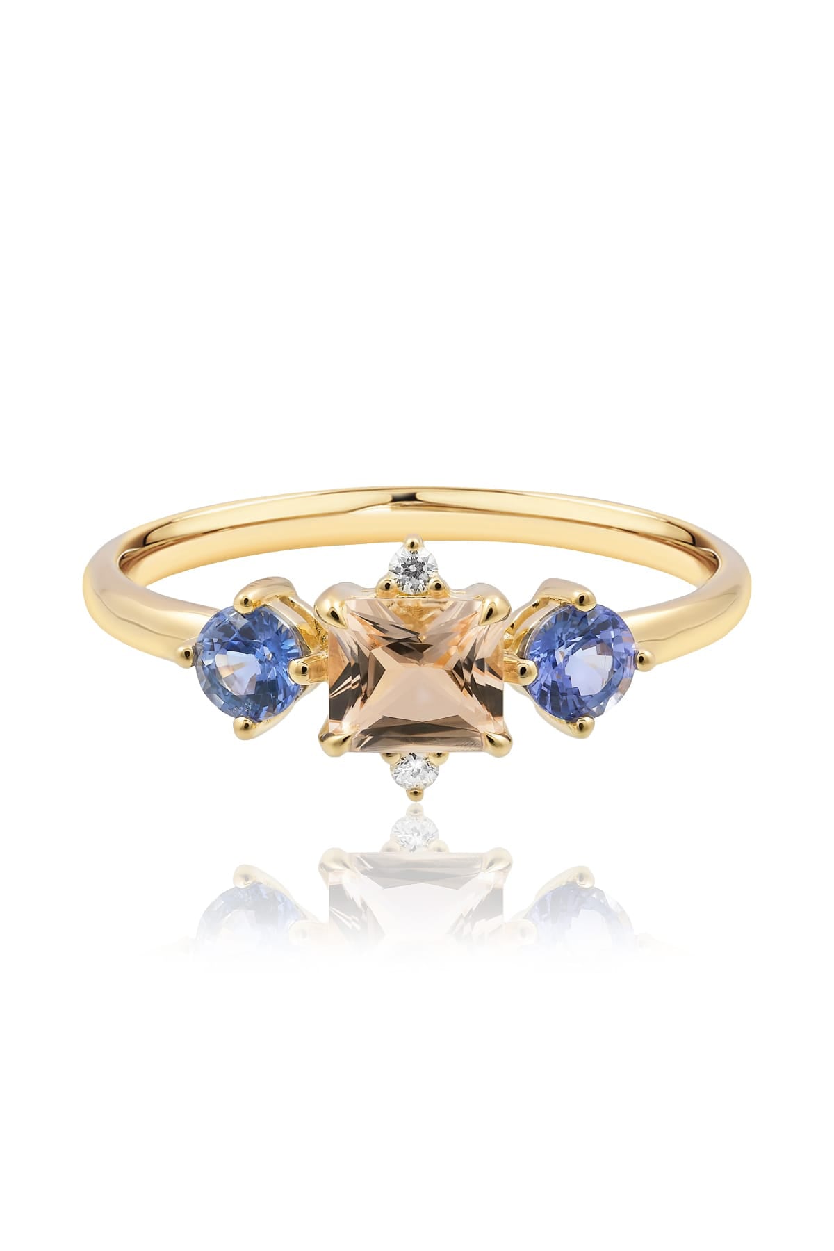 Morganite, Blue Sapphire & Diamond Dress Ring in 9ct Yellow Gold from LeGassick.
