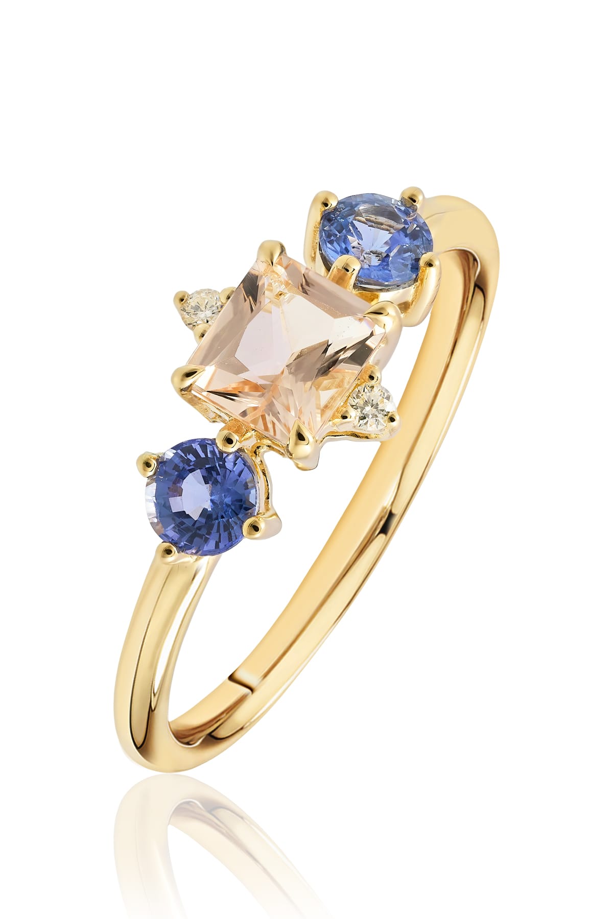 Morganite, Blue Sapphire & Diamond Dress Ring in 9ct Yellow Gold from LeGassick.