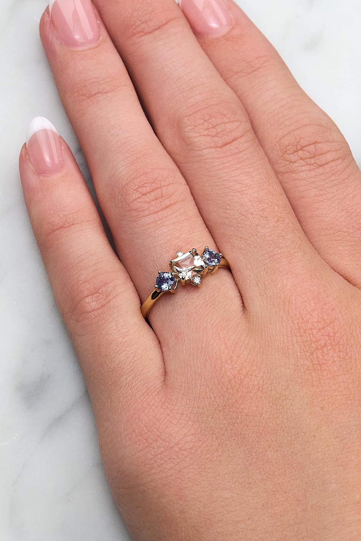 Morganite, Blue Sapphire & Diamond Dress Ring in 9ct Yellow Gold from LeGassick.