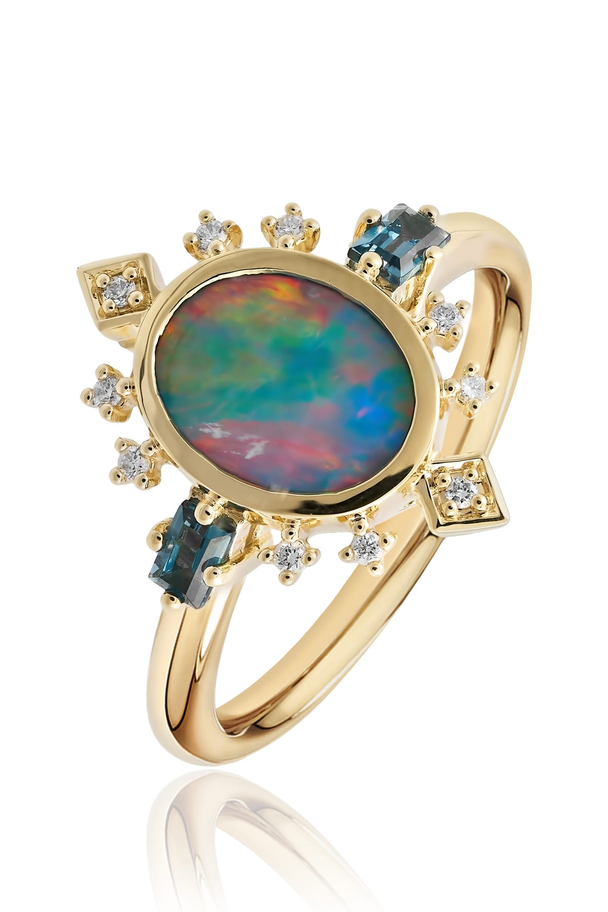 Opal, London Blue Topaz & Diamond Dress Ring in 9ct Yellow Gold from LeGassick.