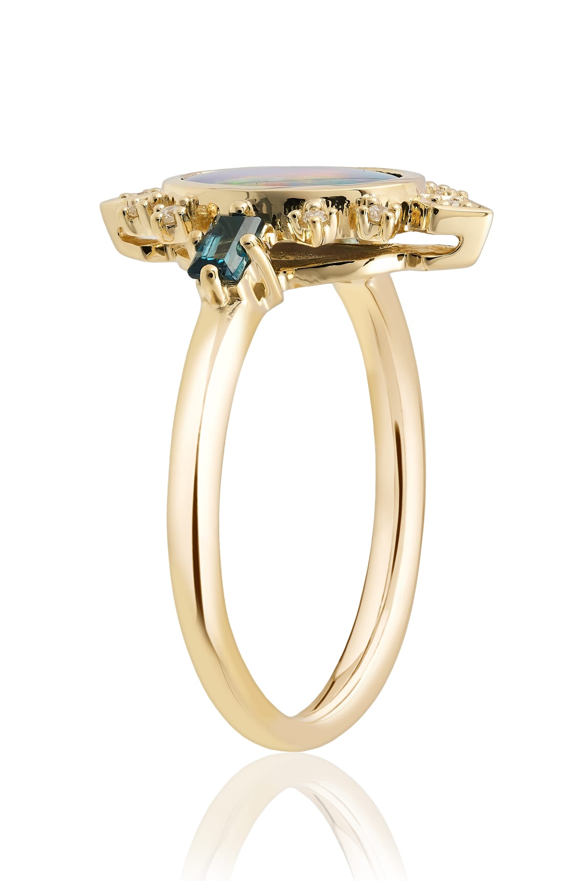 Opal, London Blue Topaz & Diamond Dress Ring in 9ct Yellow Gold from LeGassick.