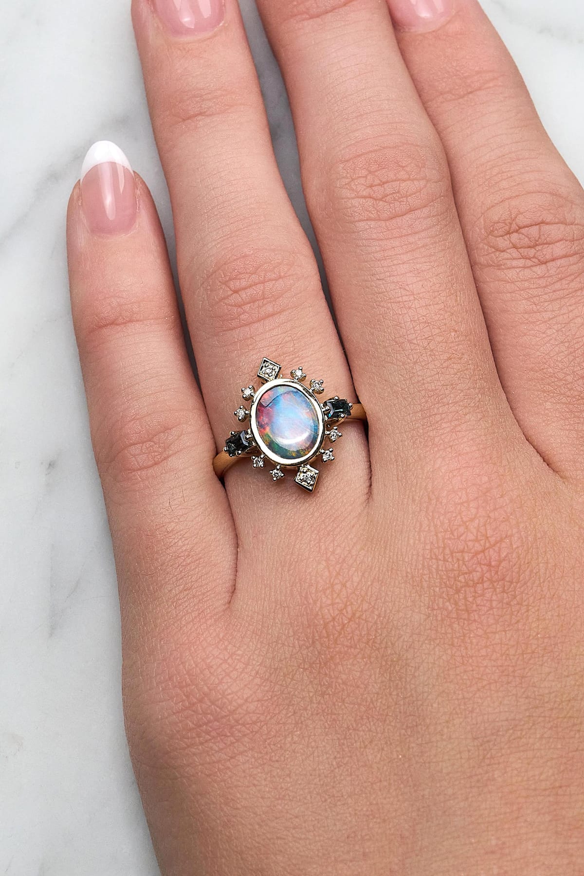Opal, London Blue Topaz & Diamond Dress Ring in 9ct Yellow Gold from LeGassick.