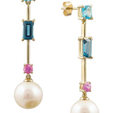 Freshwater Pearl, Blue Topaz & Pink Sapphire Drop Stud Earrings in 9ct Yellow Gold from LeGassick.