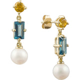 Freshwater Pearl, London Blue Topaz & Citrine Drop Stud Earrings in 9ct Yellow Gold from LeGassick.