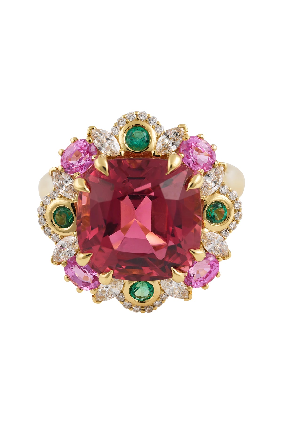 9.58 Carat Pink Tourmaline Ring With Sapphires And Emeralds from LeGassick Jewellery.