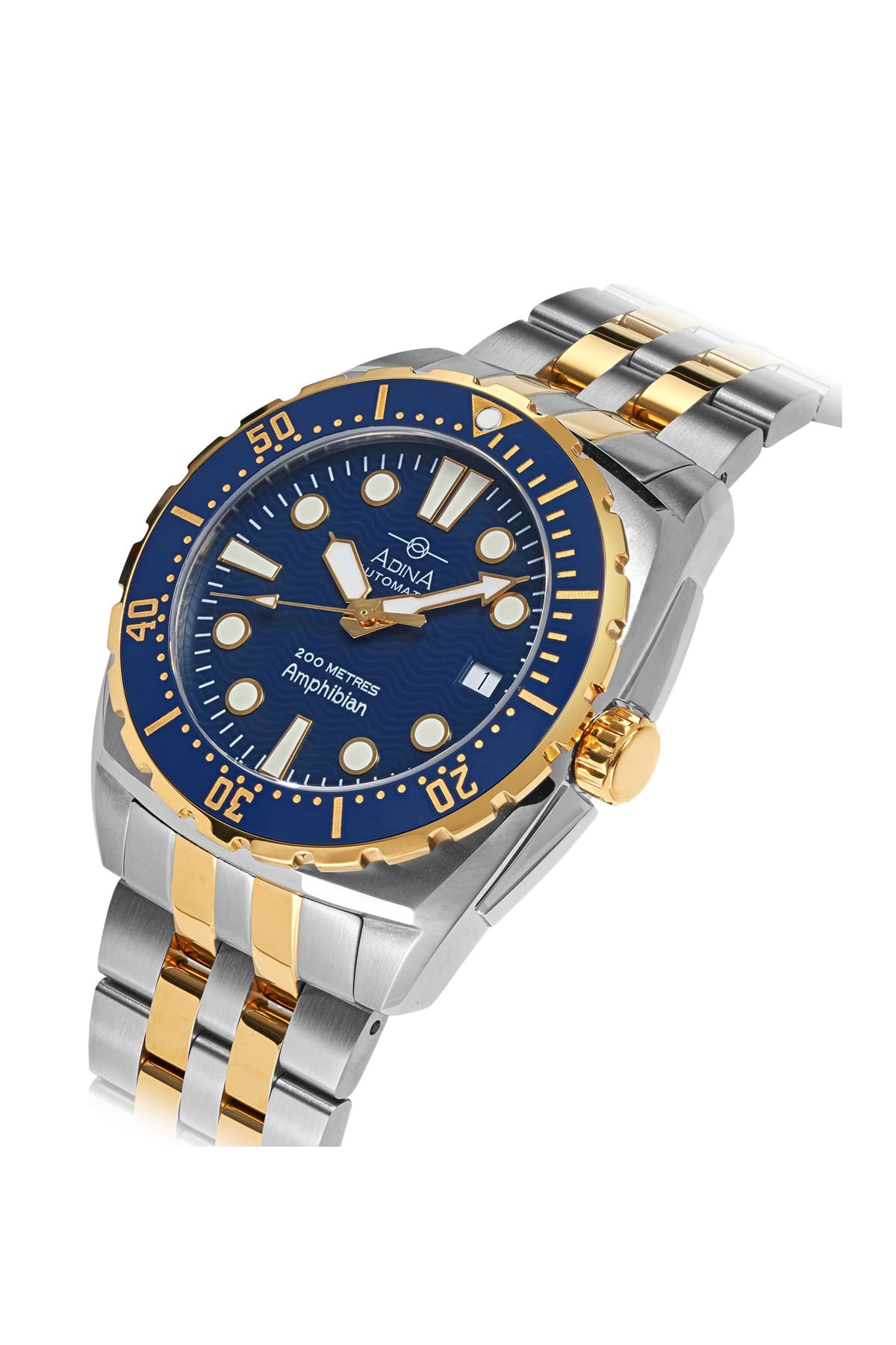 Adina Amphibian Automatic Dive Watch In Blue & Gold available from LeGassick Fine Jewellery.