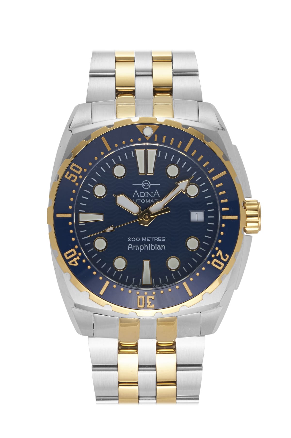 Adina Amphibian Automatic Dive Watch In Blue & Gold available from LeGassick Fine Jewellery.