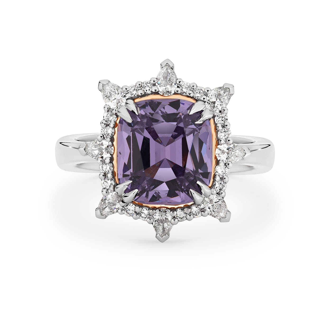 Alexandra features a 3.74 carat fusion cut Lavender Spinel centre gemstone. The centre stone sits upon a rose gold cradle and is encased with a diamond halo crown. She was designed and handcrafted by LeGassick's Master Jewellers, Gold Coast, Australia.
