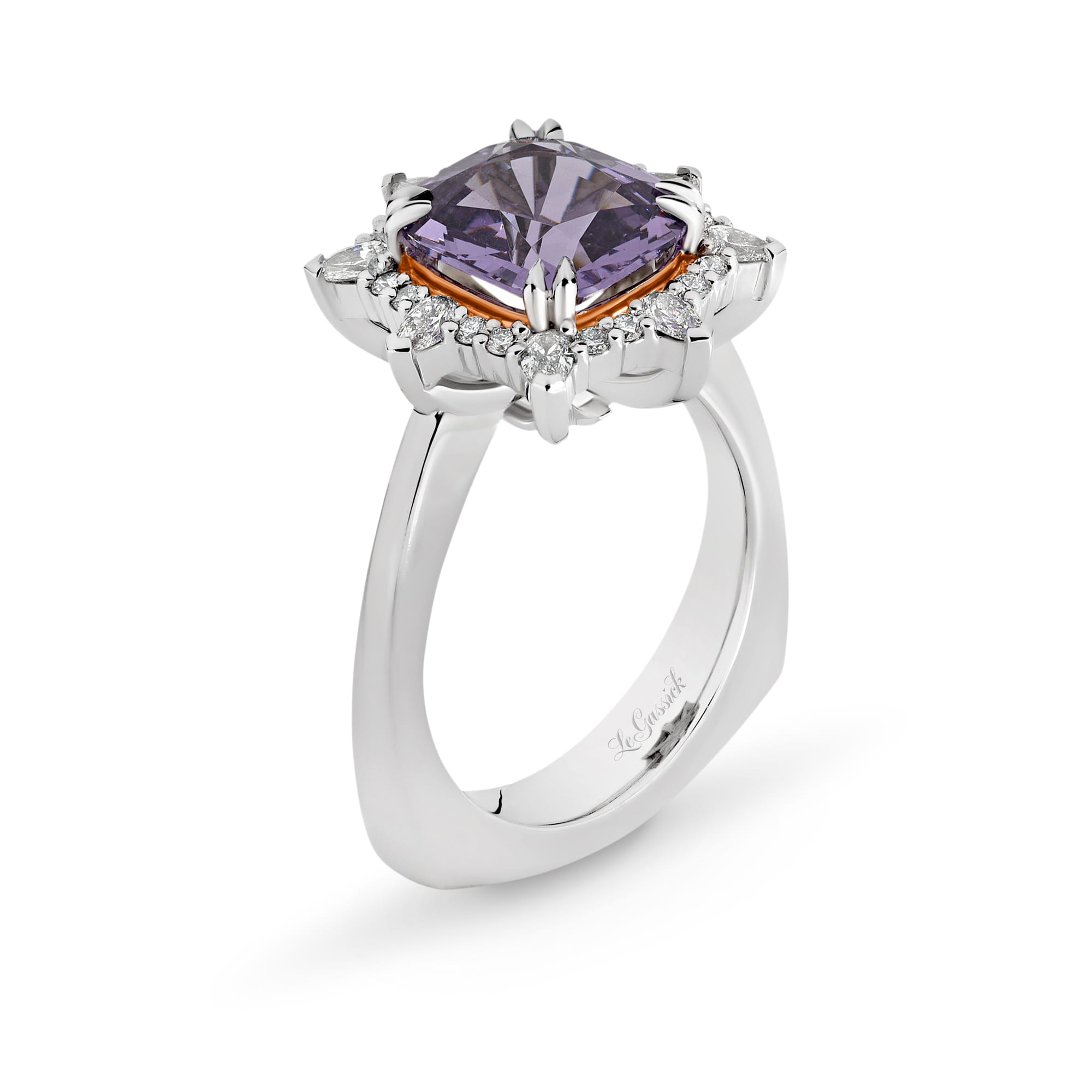 Alexandra features a 3.74 carat fusion cut Lavender Spinel centre gemstone. The centre stone sits upon a rose gold cradle and is encased with a diamond halo crown. She was designed and handcrafted by LeGassick's Master Jewellers, Gold Coast, Australia.