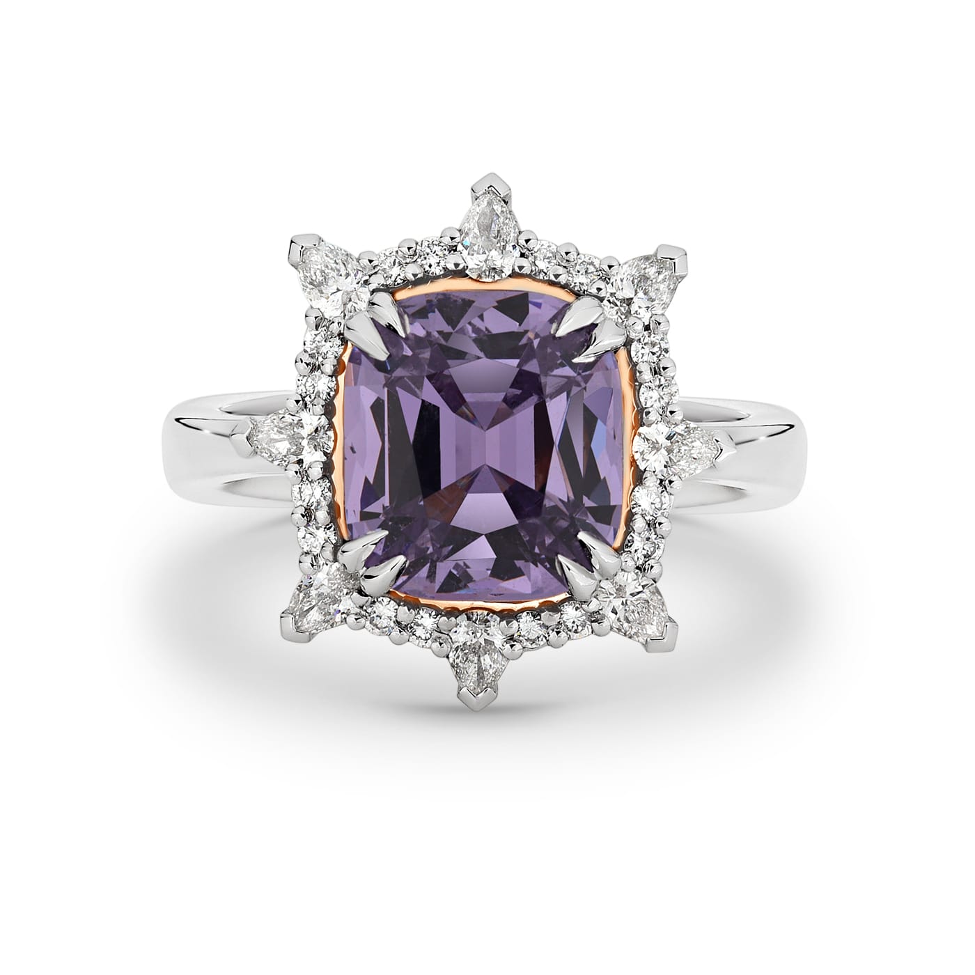 Alexandra features a 3.74 carat fusion cut Lavender Spinel centre gemstone. The centre stone sits upon a rose gold cradle and is encased with a diamond halo crown. She was designed and handcrafted by LeGassick's Master Jewellers, Gold Coast, Australia.