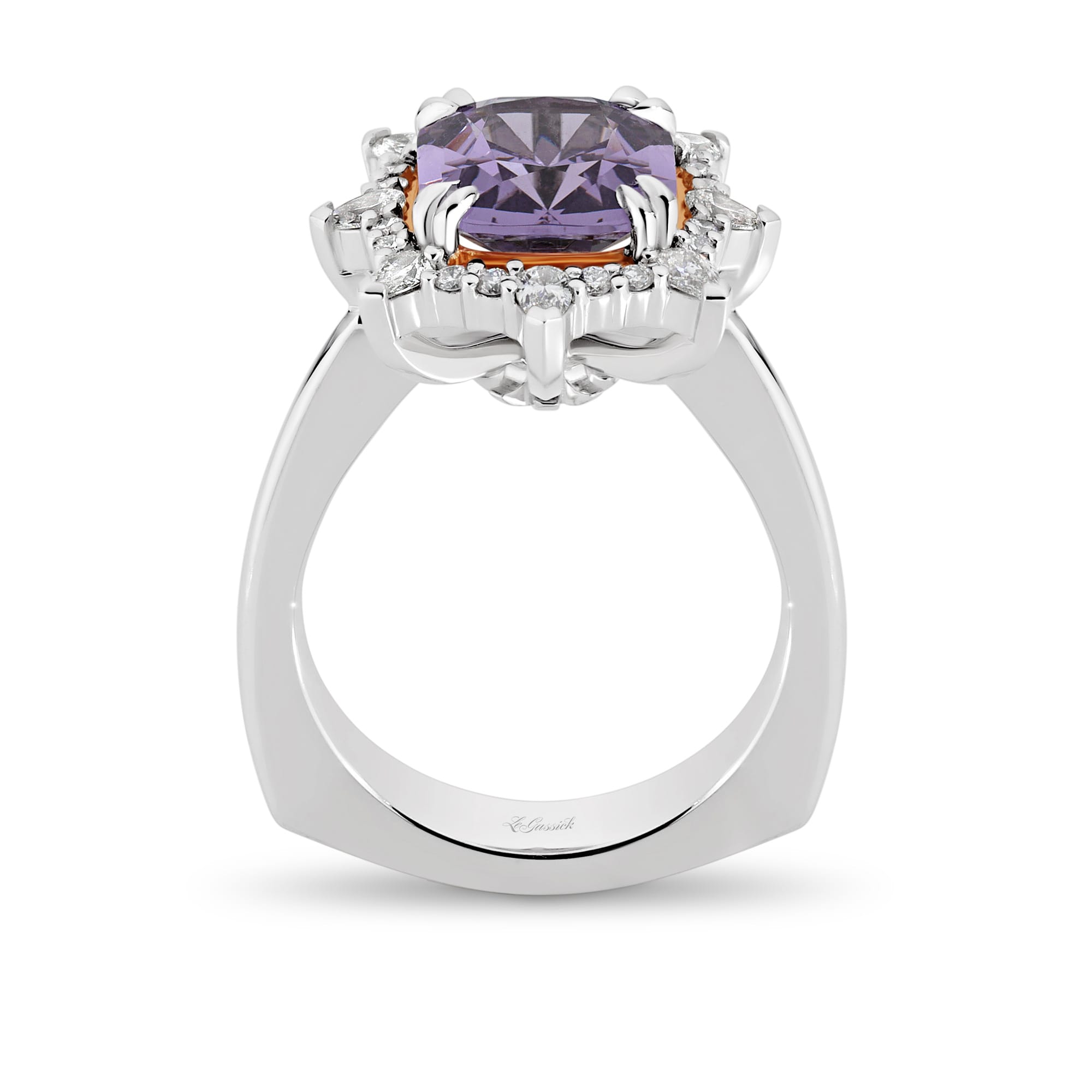Alexandra features a 3.74 carat fusion cut Lavender Spinel centre gemstone. The centre stone sits upon a rose gold cradle and is encased with a diamond halo crown. She was designed and handcrafted by LeGassick's Master Jewellers, Gold Coast, Australia.