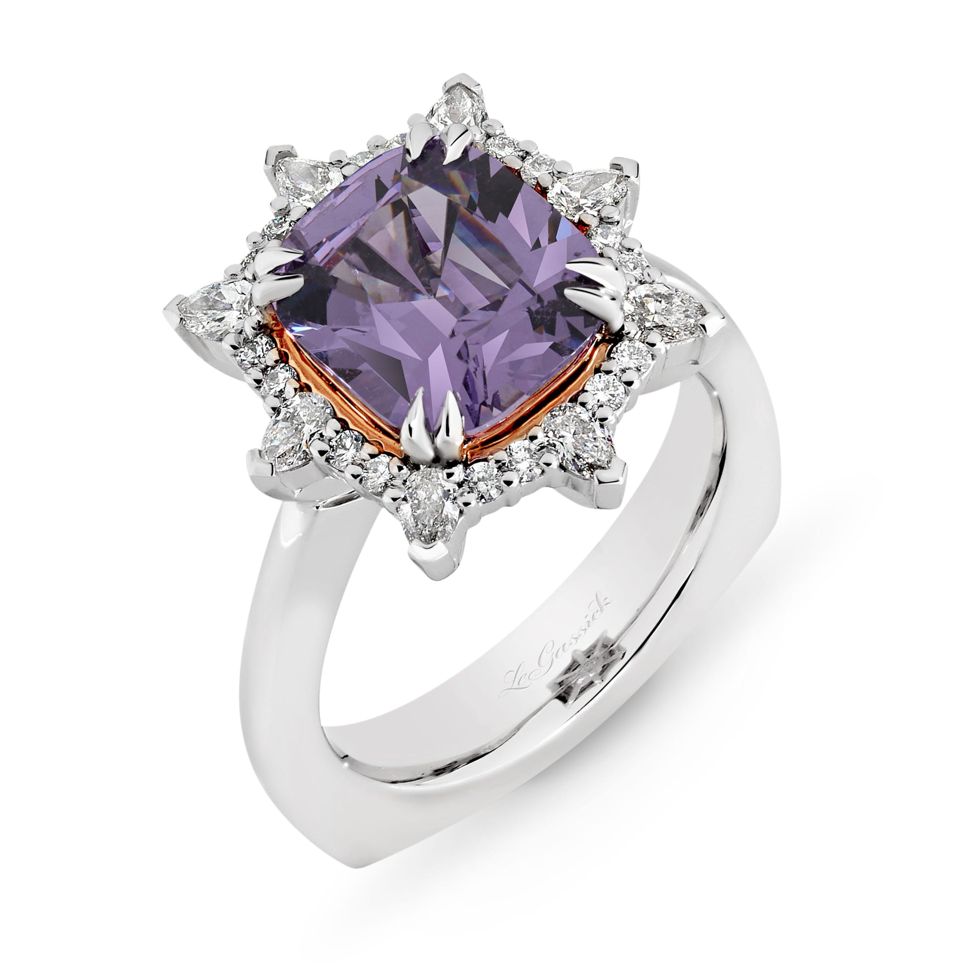 Alexandra features a 3.74 carat fusion cut Lavender Spinel centre gemstone. The centre stone sits upon a rose gold cradle and is encased with a diamond halo crown. She was designed and handcrafted by LeGassick's Master Jewellers, Gold Coast, Australia.