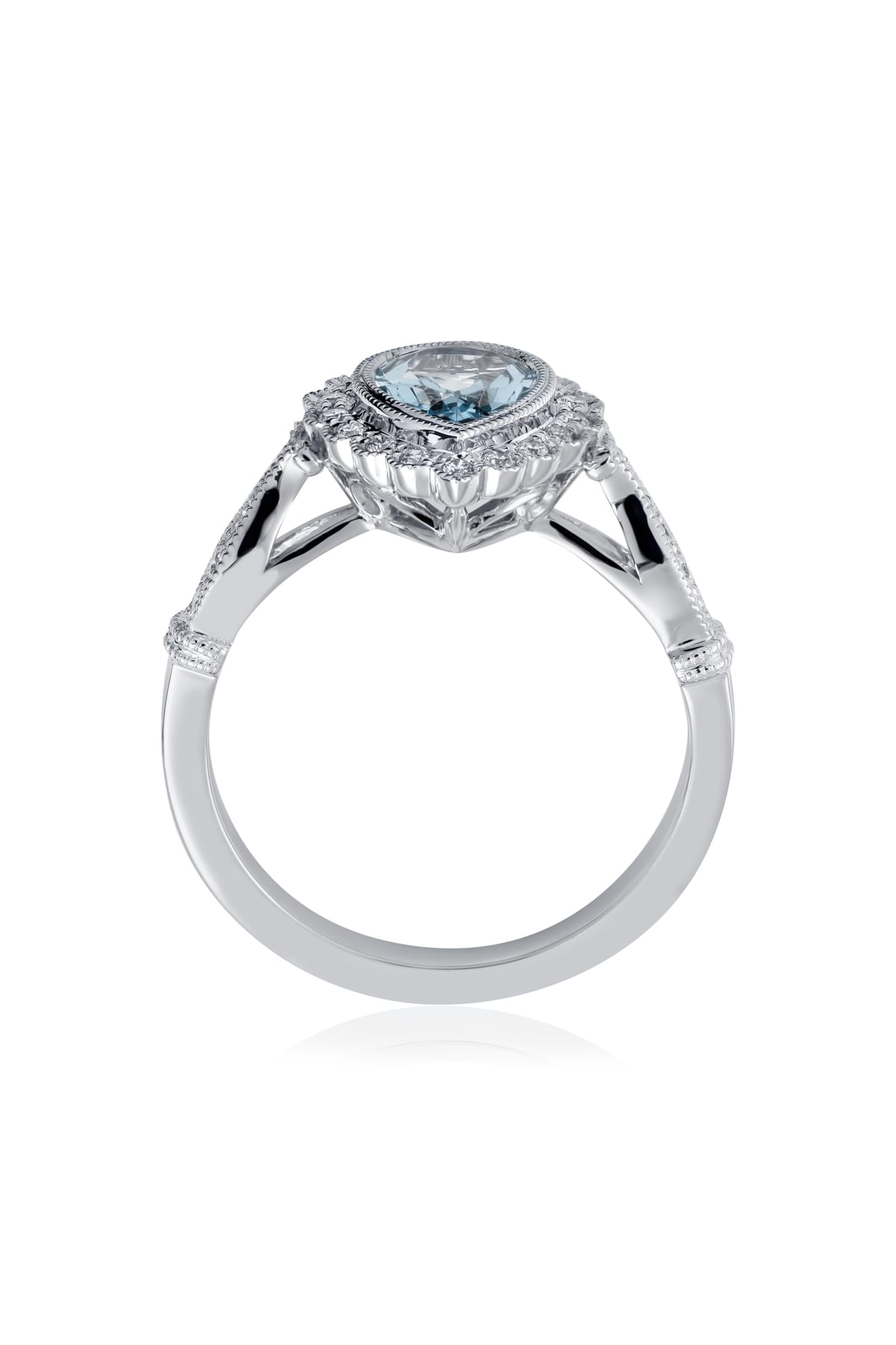 9 Carat Gold Antique Inspired Aquamarine And Diamond Halo Ring available at LeGassick Fine Jewellery Gold Coast, Australia.