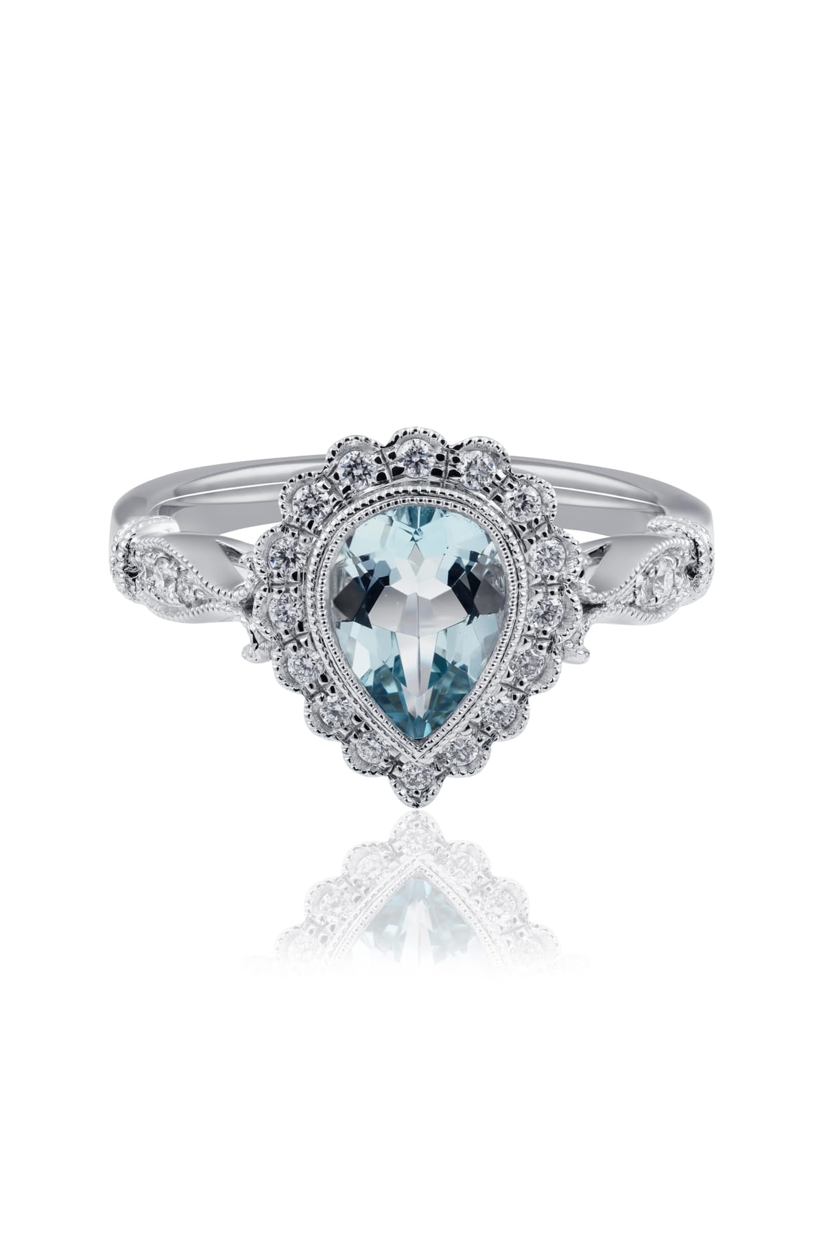 9 Carat Gold Antique Inspired Aquamarine And Diamond Halo Ring available at LeGassick Fine Jewellery Gold Coast, Australia.