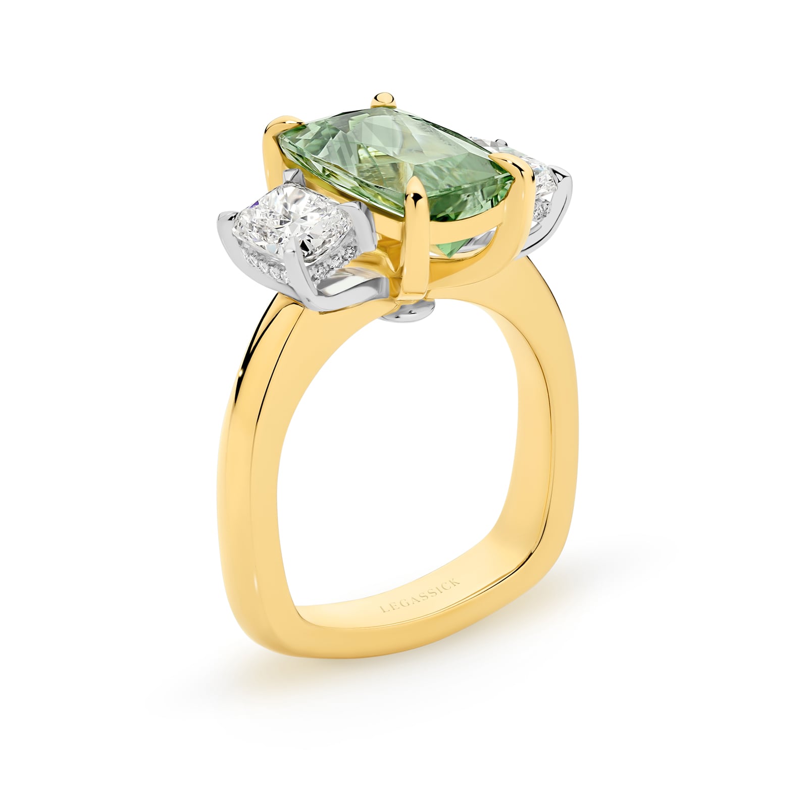 Avalon is a natural 5.06ct mint-green tourmaline and diamond ring set in yellow and white gold. She was designed and handcrafted by LeGassick's Master Jewellers and a member of the Beyond Luxury Collection.