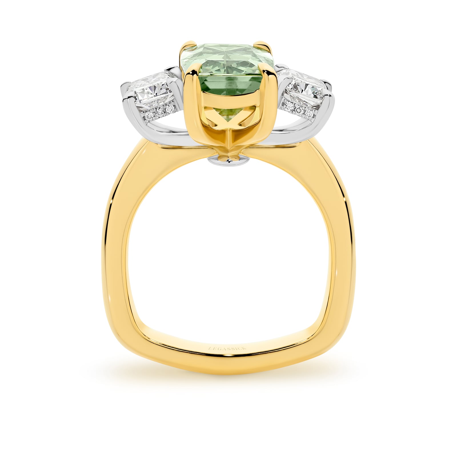 Avalon is a natural 5.06ct mint-green tourmaline and diamond ring set in yellow and white gold. She was designed and handcrafted by LeGassick's Master Jewellers and a member of the Beyond Luxury Collection.