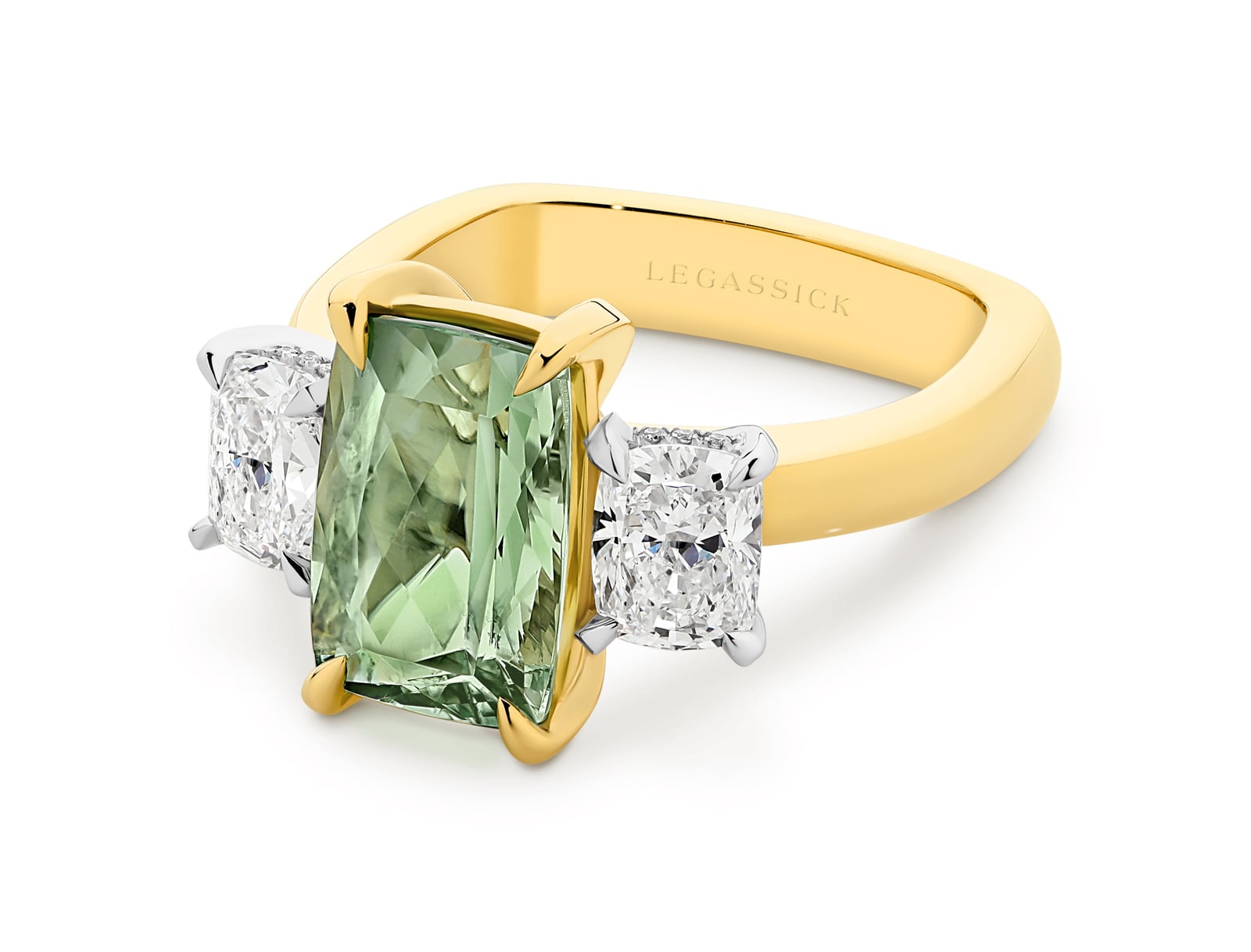 Avalon is a natural 5.06ct mint-green tourmaline and diamond ring set in yellow and white gold. She was designed and handcrafted by LeGassick's Master Jewellers and a member of the Beyond Luxury Collection.