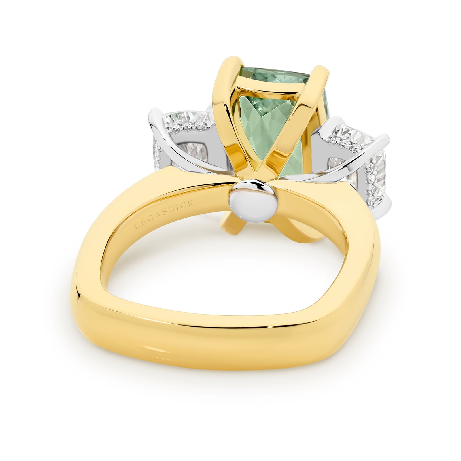 Avalon is a natural 5.06ct mint-green tourmaline and diamond ring set in yellow and white gold. She was designed and handcrafted by LeGassick's Master Jewellers and a member of the Beyond Luxury Collection.