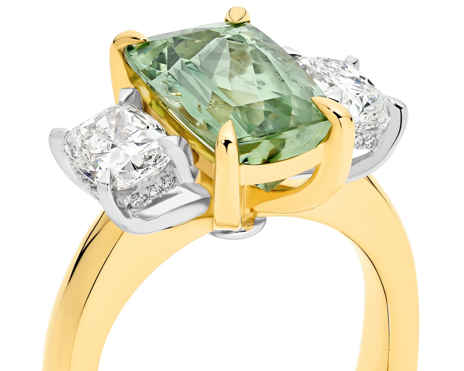 Avalon is a natural 5.06ct mint-green tourmaline and diamond ring set in yellow and white gold. She was designed and handcrafted by LeGassick's Master Jewellers and a member of the Beyond Luxury Collection.