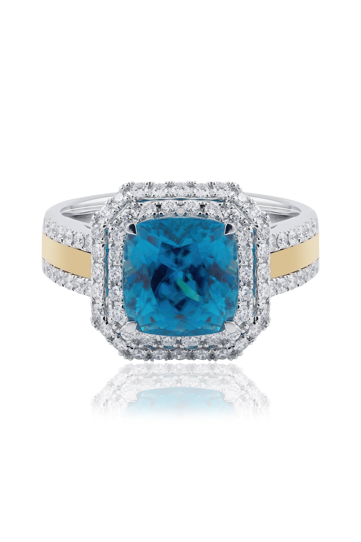 Cushion Cut Natural Blue Zircon Ring With Double Diamond Halo from LeGassick.