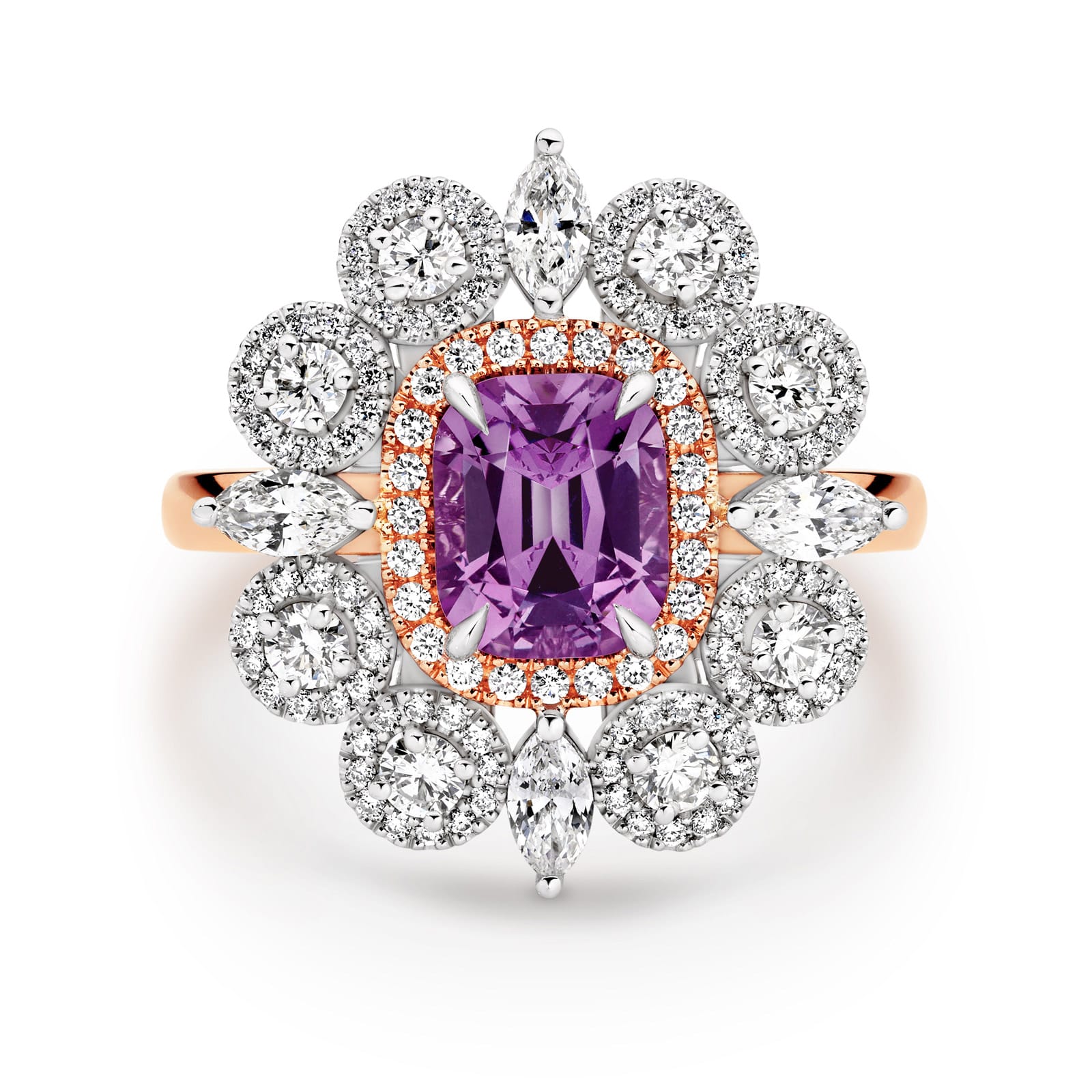 Eloise is a French-inspired 2.31 carat cushion-cut natural Lavender Spinel ring with four Marquise-shaped diamonds and 129 round brilliant cut diamonds. She was designed and handcrafted by LeGassick's Master Jewellers, Gold Coast, Australia.