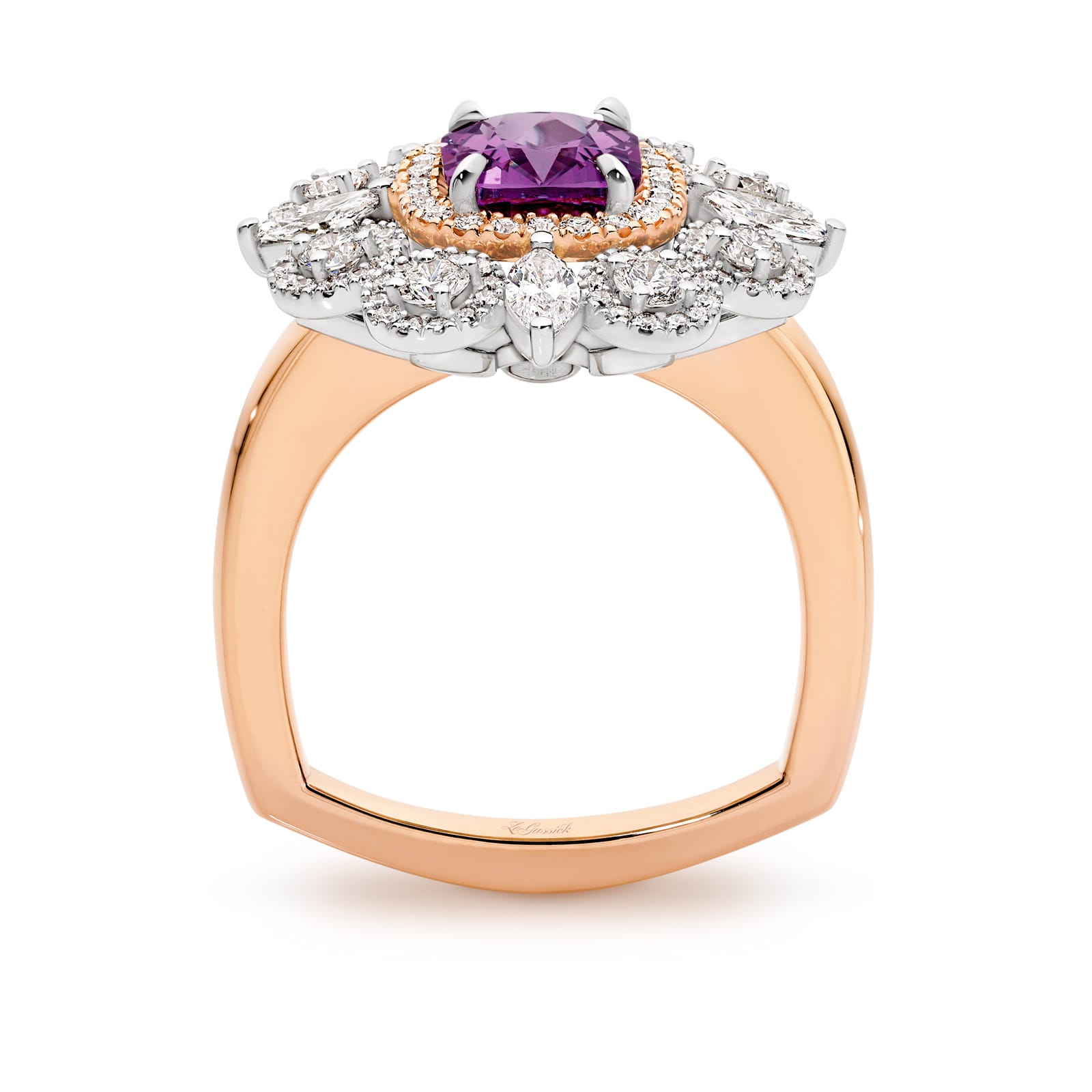 Eloise is a French-inspired 2.31 carat cushion-cut natural Lavender Spinel ring with four Marquise-shaped diamonds and 129 round brilliant cut diamonds. She was designed and handcrafted by LeGassick's Master Jewellers, Gold Coast, Australia.