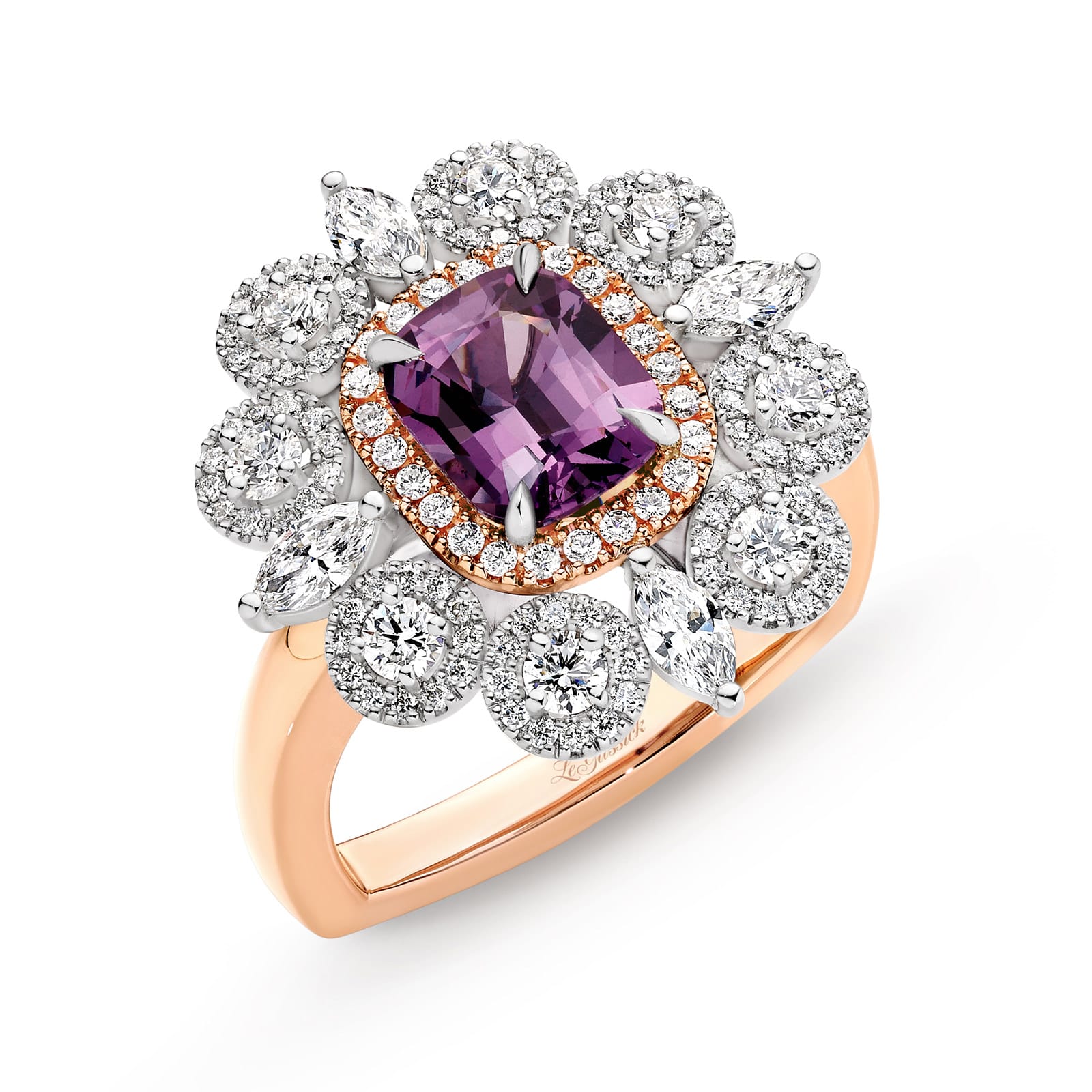 Eloise is a French-inspired 2.31 carat cushion-cut natural Lavender Spinel ring with four Marquise-shaped diamonds and 129 round brilliant cut diamonds. She was designed and handcrafted by LeGassick's Master Jewellers, Gold Coast, Australia.