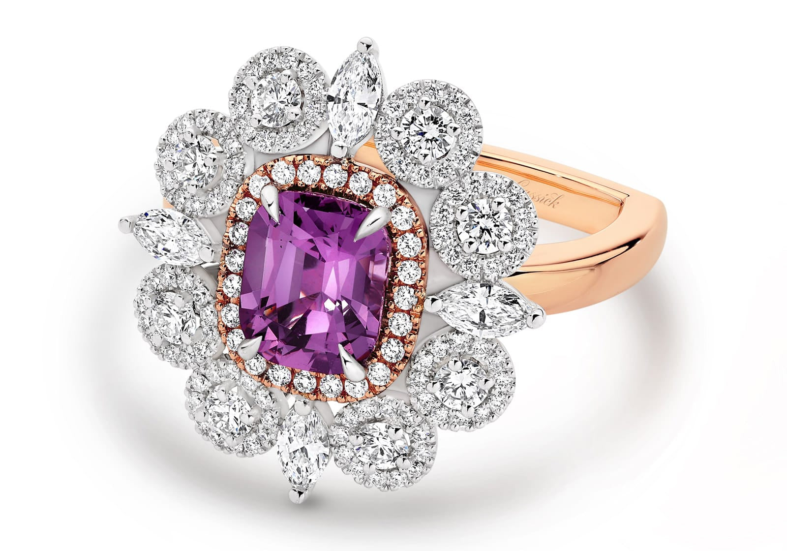 Eloise is a French-inspired 2.31 carat cushion-cut natural Lavender Spinel ring with four Marquise-shaped diamonds and 129 round brilliant cut diamonds. She was designed and handcrafted by LeGassick's Master Jewellers, Gold Coast, Australia.