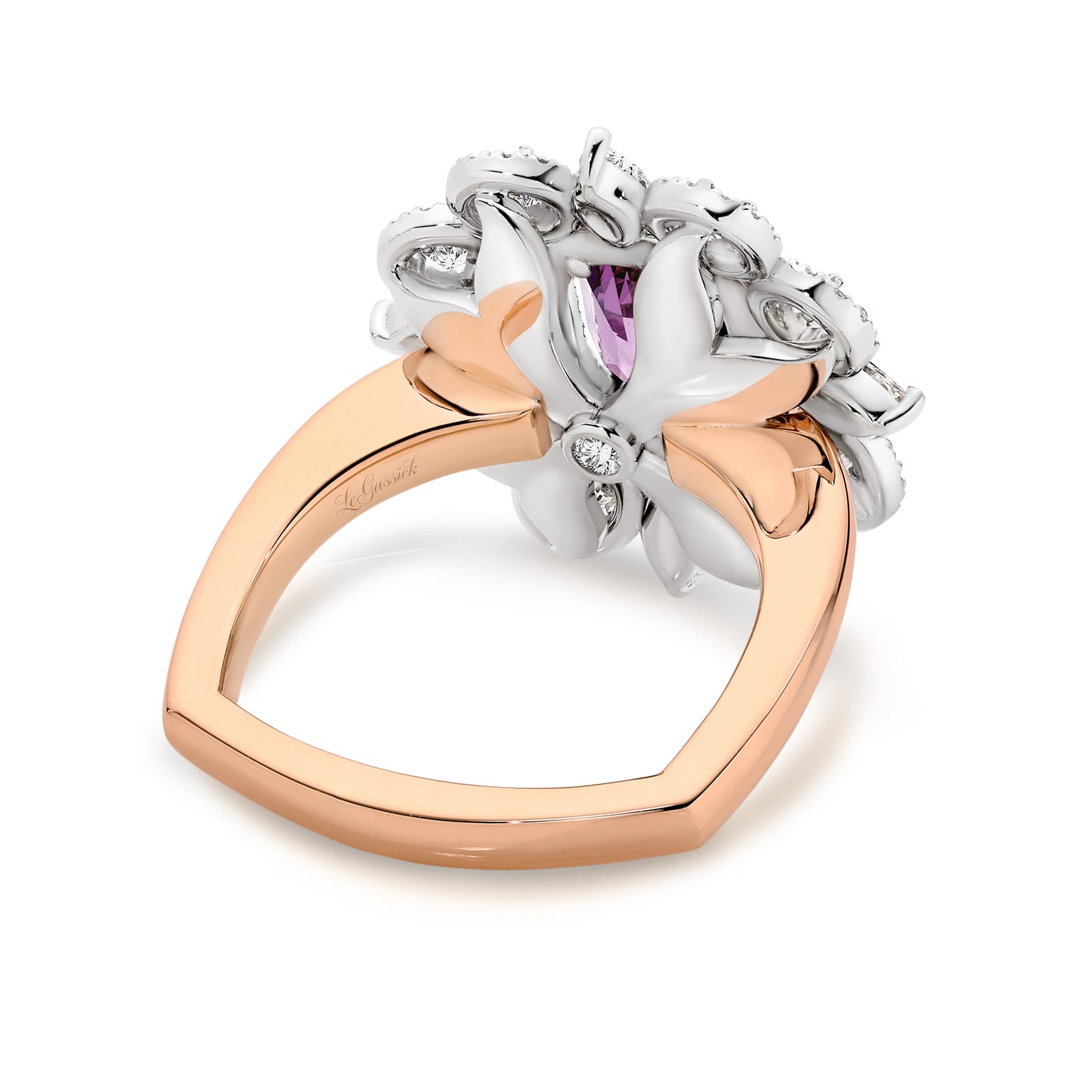 Eloise is a French-inspired 2.31 carat cushion-cut natural Lavender Spinel ring with four Marquise-shaped diamonds and 129 round brilliant cut diamonds. She was designed and handcrafted by LeGassick's Master Jewellers, Gold Coast, Australia.