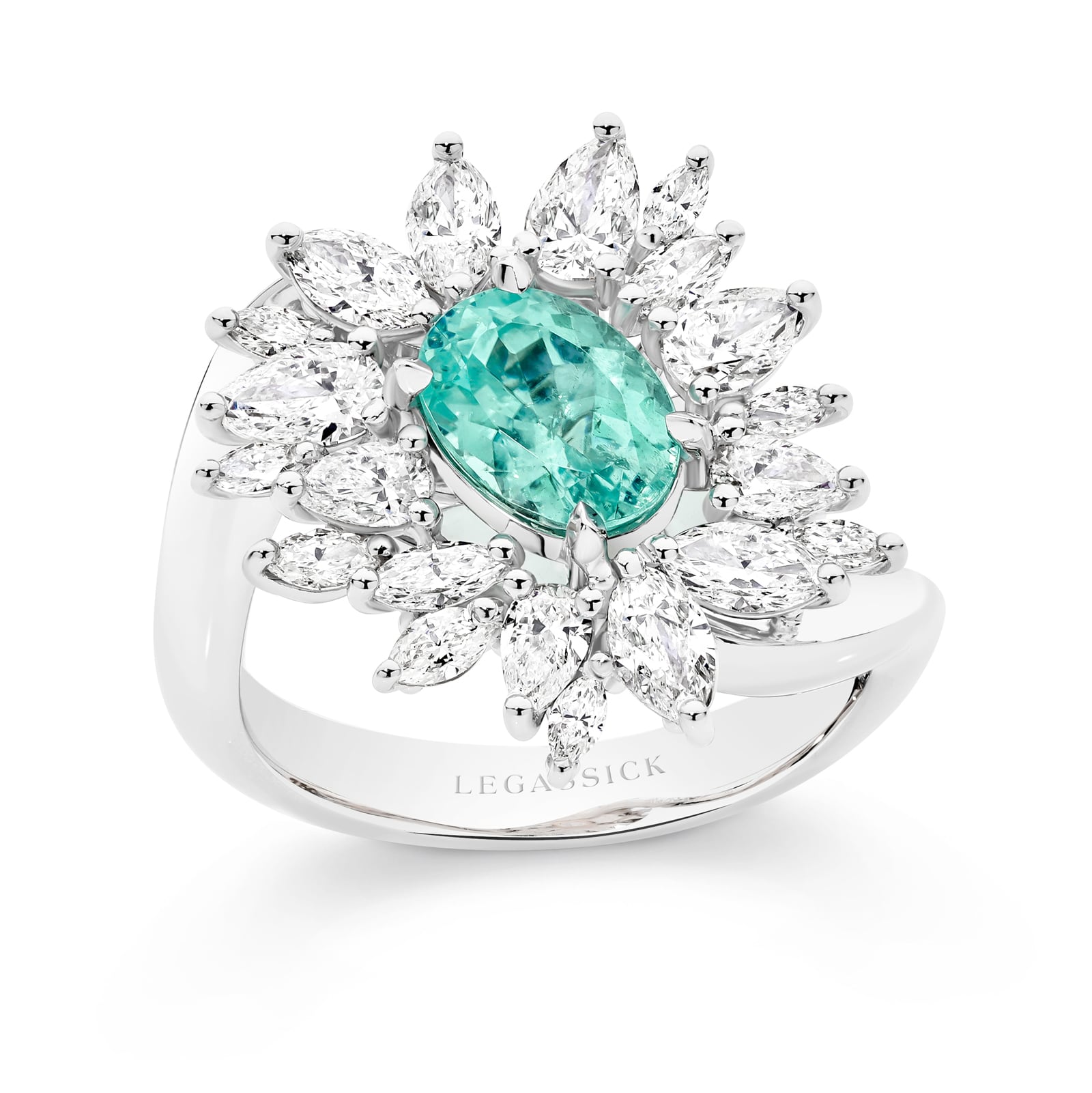Elsa is a mesmerising 1.56ct oval natural Mozambique Paraiba tourmaline and diamond ring. She was designed and handcrafted by LeGassick's Master Jewellers and a member of the Beyond Luxury Collection.