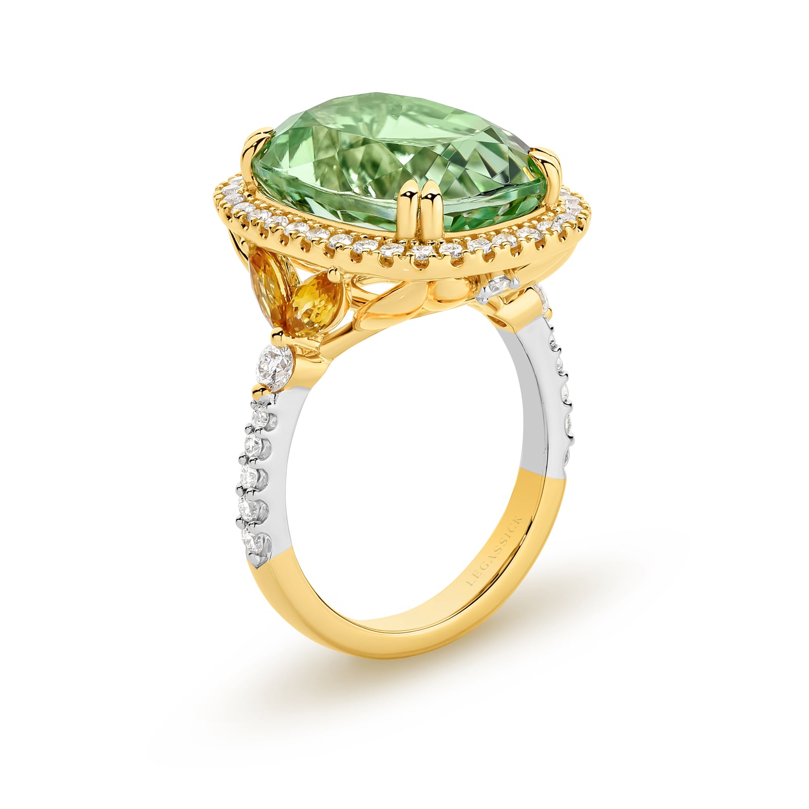 Evelina is a stunning 12.00ct mint green tourmaline and diamond ring. She was designed and handcrafted by LeGassick's Master Jewellers and a member of the Beyond Luxury Collection.