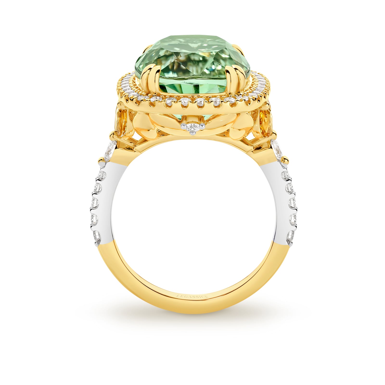 Evelina is a stunning 12.00ct mint green tourmaline and diamond ring. She was designed and handcrafted by LeGassick's Master Jewellers and a member of the Beyond Luxury Collection.