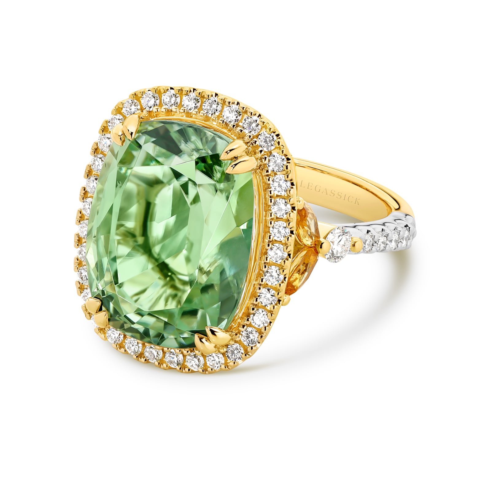 Evelina is a stunning 12.00ct mint green tourmaline and diamond ring. She was designed and handcrafted by LeGassick's Master Jewellers and a member of the Beyond Luxury Collection.