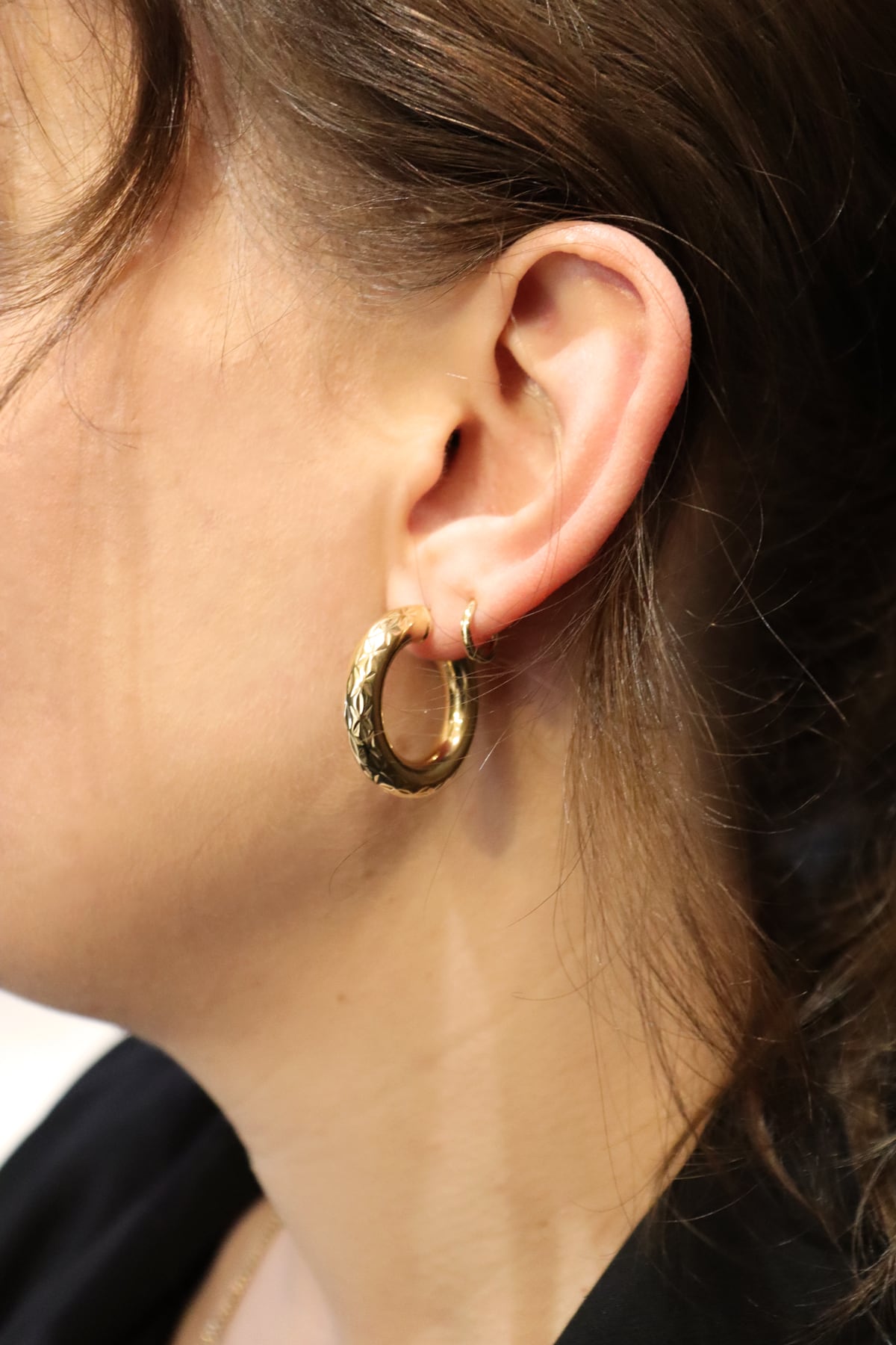 Italian Pattern Hoop Earrings in 14k Yellow Gold from LeGassick Jewellery Gold Coast, Australia.