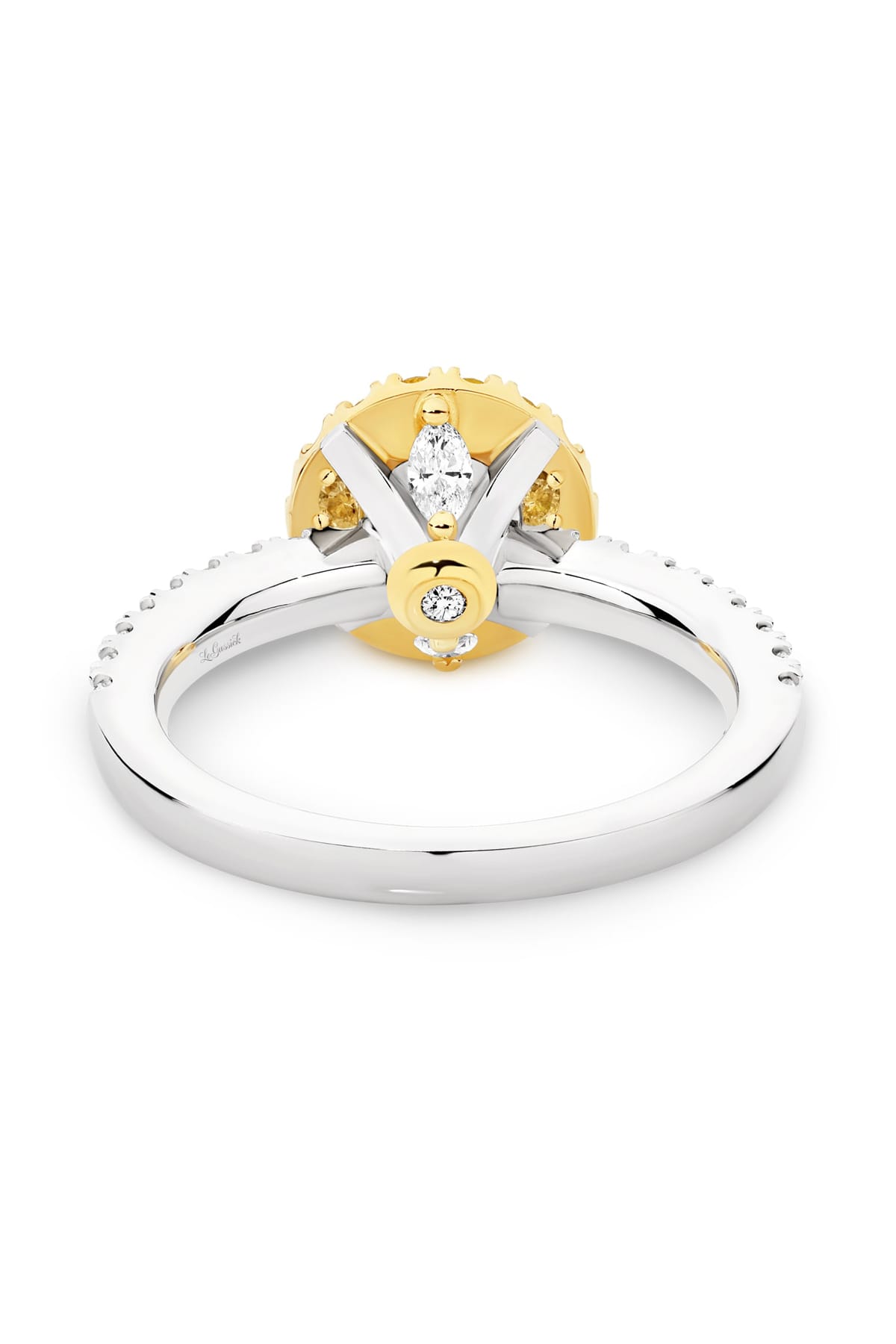 Lucy is a stunning 1 carat white diamond ring with a yellow diamond halo. Part of the Beyond Luxury Collection from LeGassick.
