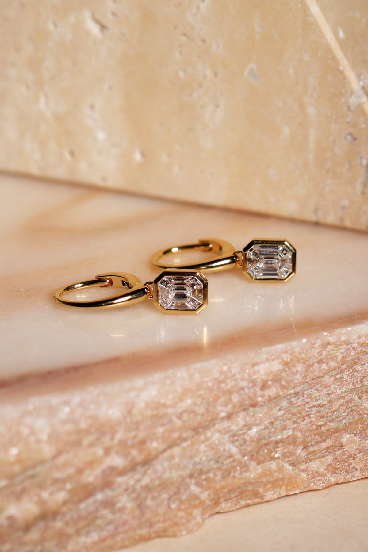 Magic Emerald Cut Diamond Set Drop Huggie Style Earrings in 18k Yellow Gold from LeGassick Jewellery Gold Coast, Australia.