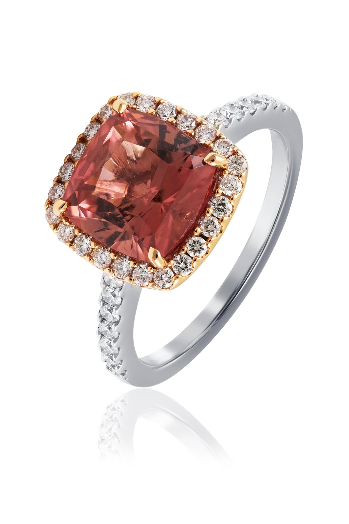 Padparadscha Tourmaline Halo Diamond Ring Set In 18ct White & Rose Gold available from LeGassick Jewellery, Gold Coast, Australia. Showrooms at Pacific Fair and Runaway Bay Centre.