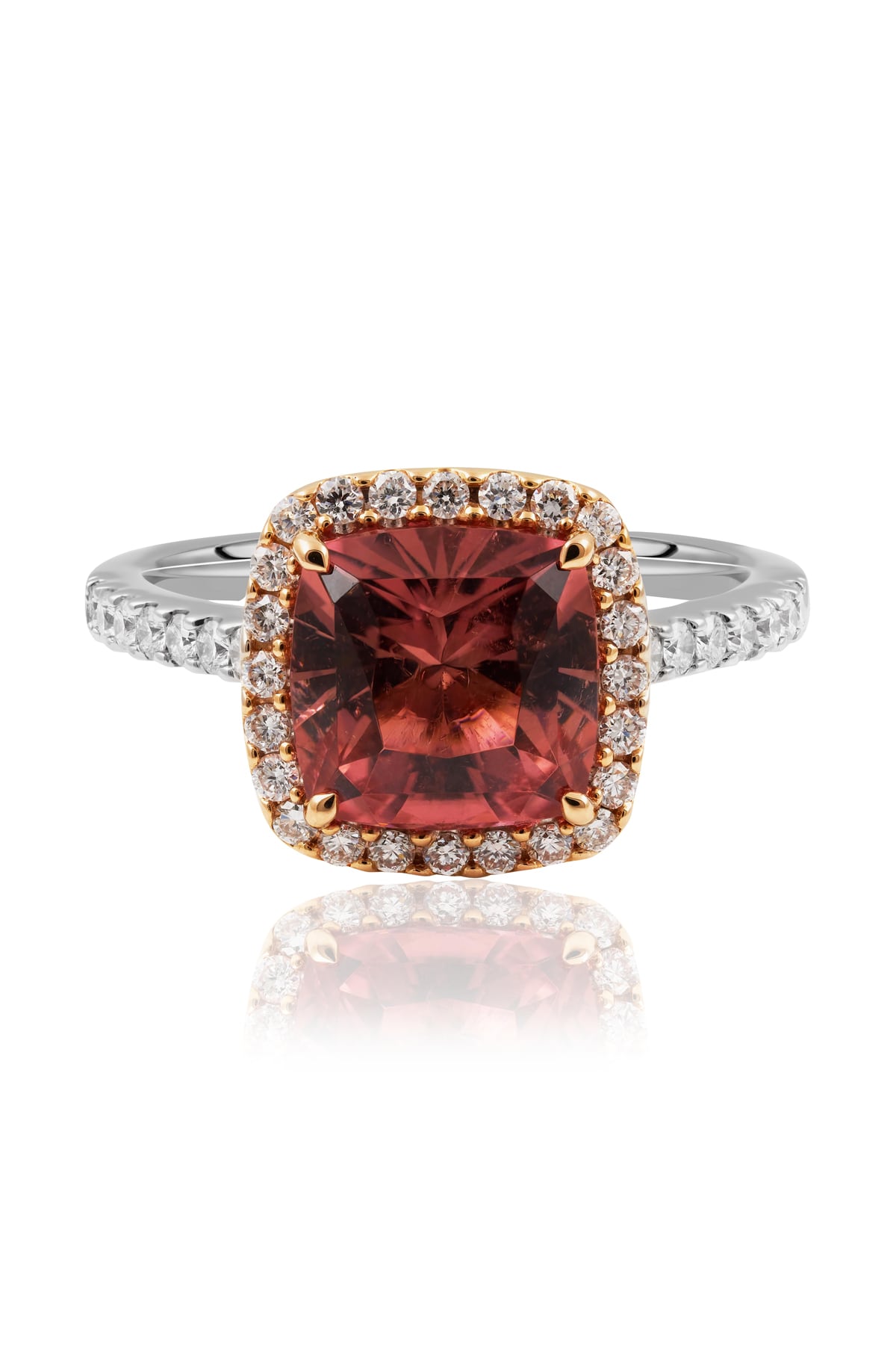 Padparadscha Tourmaline Halo Diamond Ring Set In 18ct White & Rose Gold available from LeGassick Jewellery, Gold Coast, Australia. Showrooms at Pacific Fair and Runaway Bay Centre.