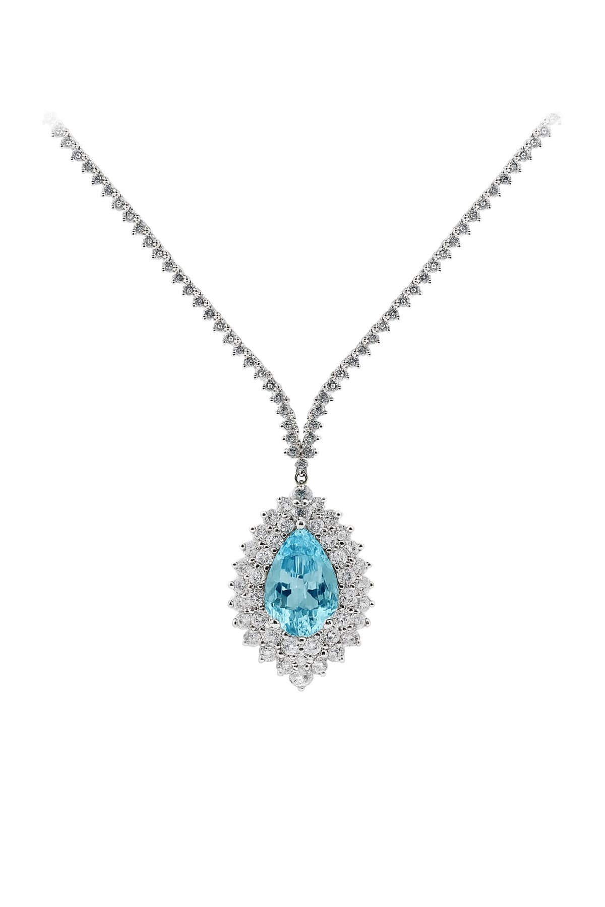 Aquamarine & Double Halo Diamond Pendant Necklet In 18ct White Gold from LeGassick