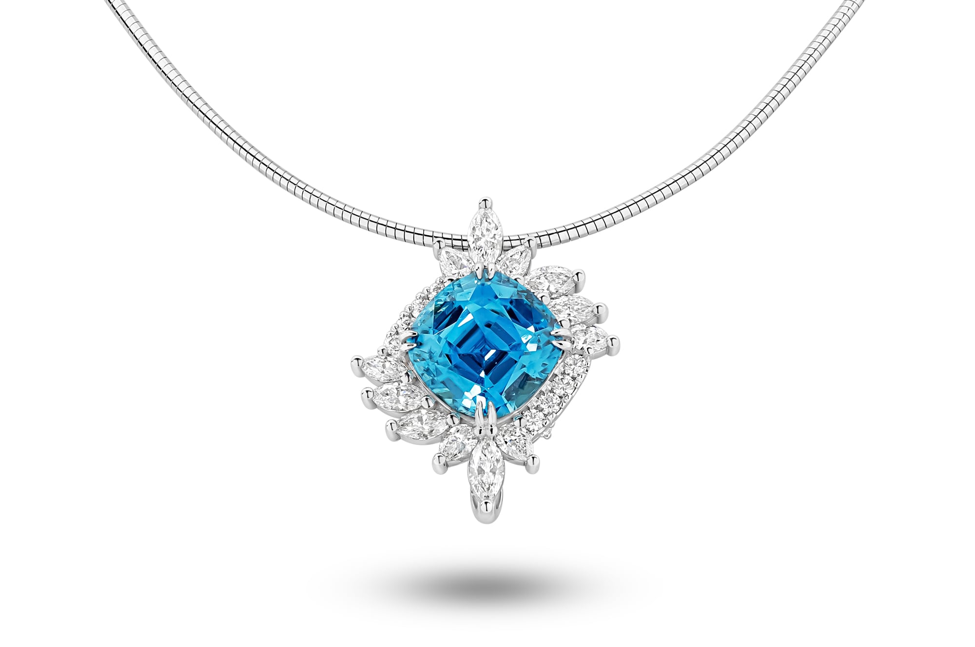 Ulysses 15.09ct cushion-cut Caribbean blue zircon and diamonds pendant from LeGassick.
