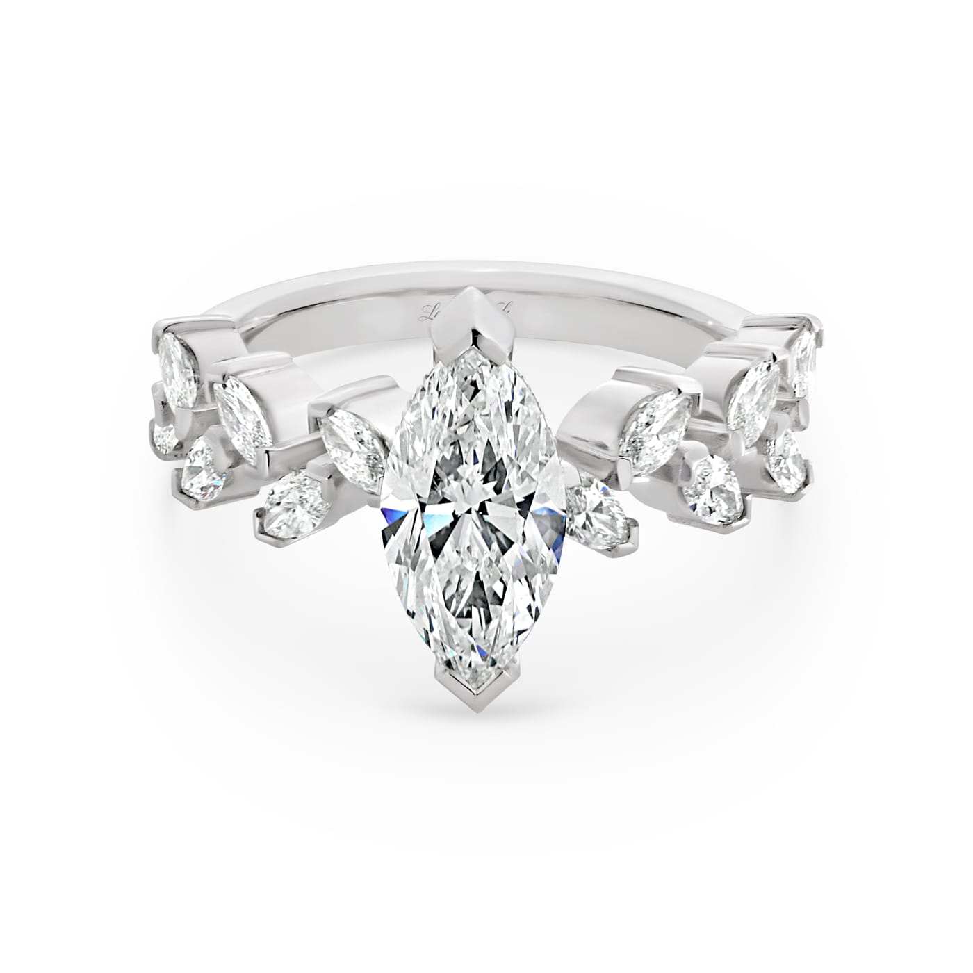 Valentina features a 2.01ct Marquise diamond centrepiece enhanced by 12 marquise cut white diamonds along the band resembling leaves floating down a vine. Valentina features hidden diamonds adding the extra touch of sparkle on her setting. She was designed and handcrafted by LeGassick's Master Jewellers, Gold Coast, Australia.