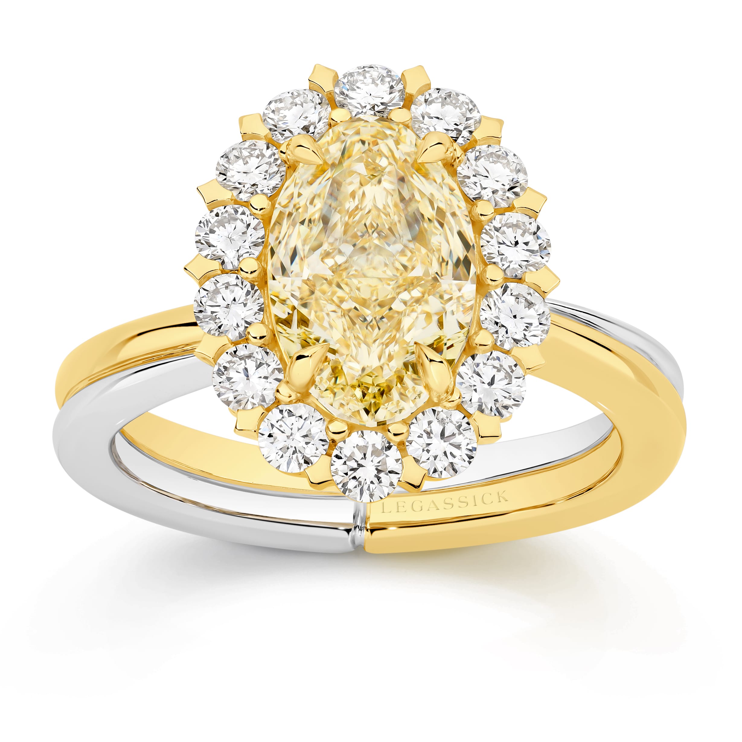 Vincent is a handcrafted ring from LeGassick Fine Jewellery. Vincent has a 2.51ct VSI Oval Natural Fancy Yellow Diamond centre stone encircled by six marquise diamonds and 14 brilliant rounds. All set in yellow and white gold.