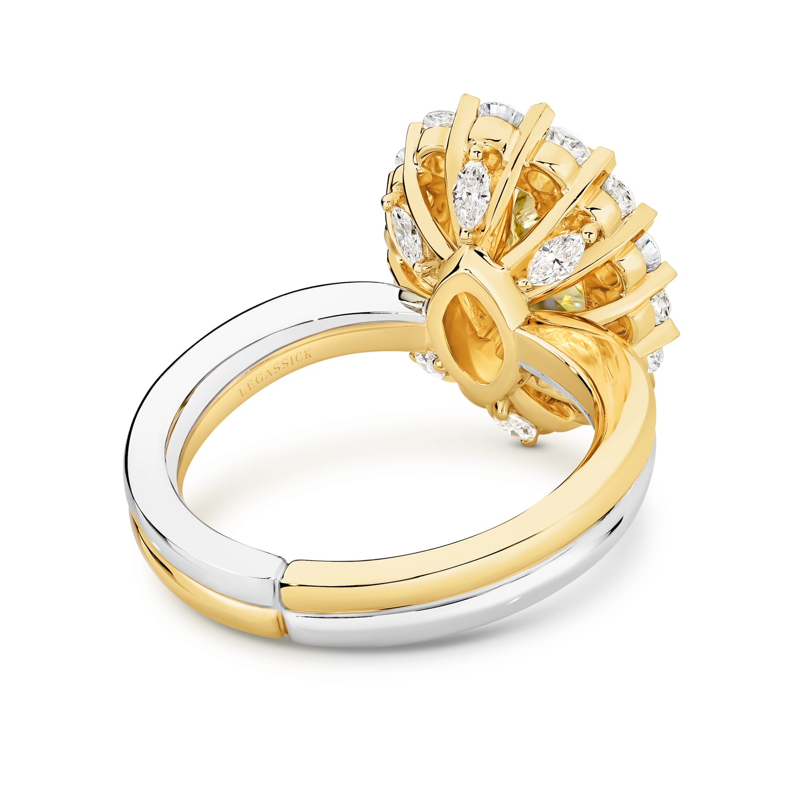 Vincent is a handcrafted ring from LeGassick Fine Jewellery. Vincent has a 2.51ct VSI Oval Natural Fancy Yellow Diamond centre stone encircled by six marquise diamonds and 14 brilliant rounds. All set in yellow and white gold.