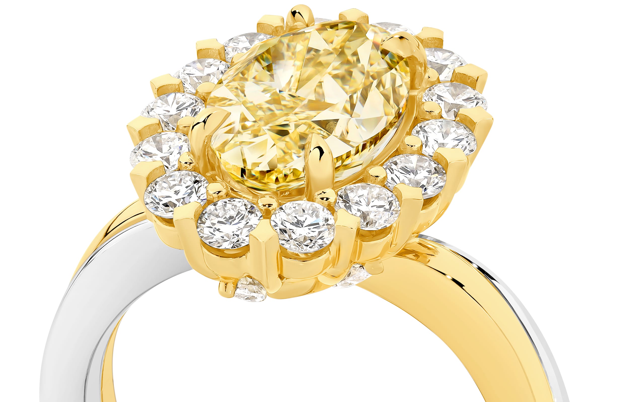 Vincent is a handcrafted ring from LeGassick Fine Jewellery. Vincent has a 2.51ct VSI Oval Natural Fancy Yellow Diamond centre stone encircled by six marquise diamonds and 14 brilliant rounds. All set in yellow and white gold.